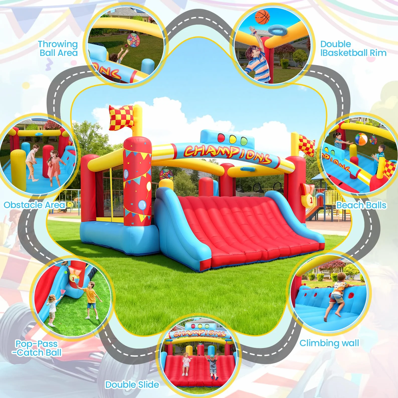AKEYDIY Gran Casa de Rebote Inflable para Niños Grandes, Casa Hinchable con Tobogán Extra Ancho/Temas de Carreras de Escalada para Centro de Juego - Obstáculos de Patio Trasero, Castillo Hinchable