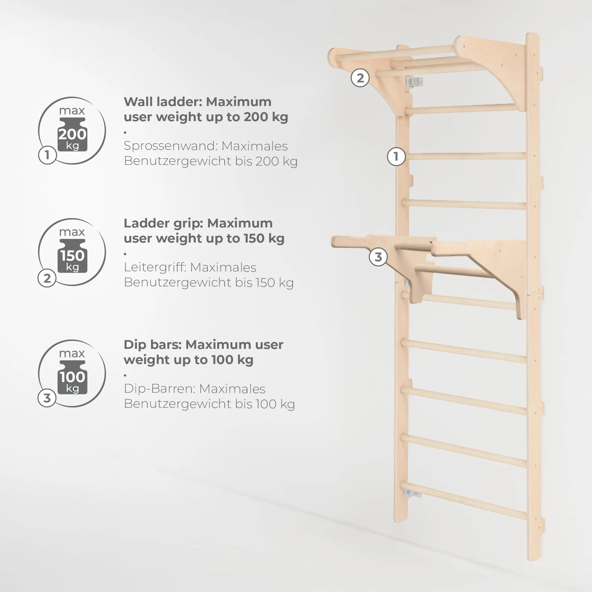 MAMOI Pared de Escalada de Madera con Barra de dominadas 230 cm, Dispositivo de Fitness Multifuncional