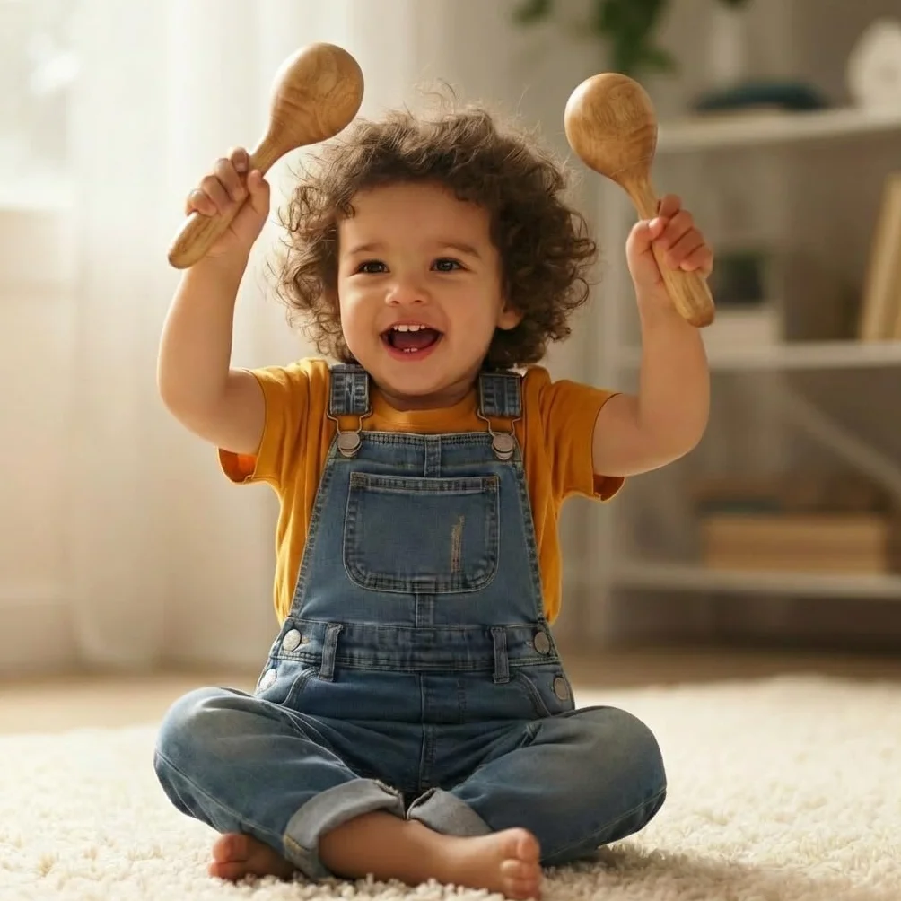 Set de Instrumentos Musicales de Madera Stoie’s para Niños de 1-9 Años – Tambor, Flauta, Maracas, Campanitas, Castañuelas, Pandereta, Juguete Montessori Educativo, Seguro, con Bolsa de Algodón