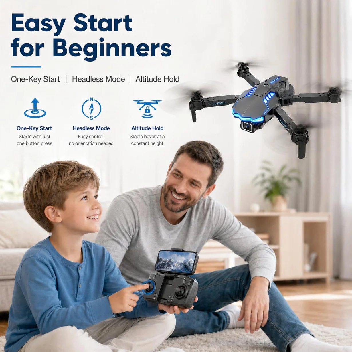 Dron con Camara 1080P para Niño y Adultos RC Quadcopter con Motor sin Escobilla Drone FPV para Principiantes con 30min de Vuelo/Altitud Retención, Juguete para Niño Regalos Cumpleaños (Grey)
