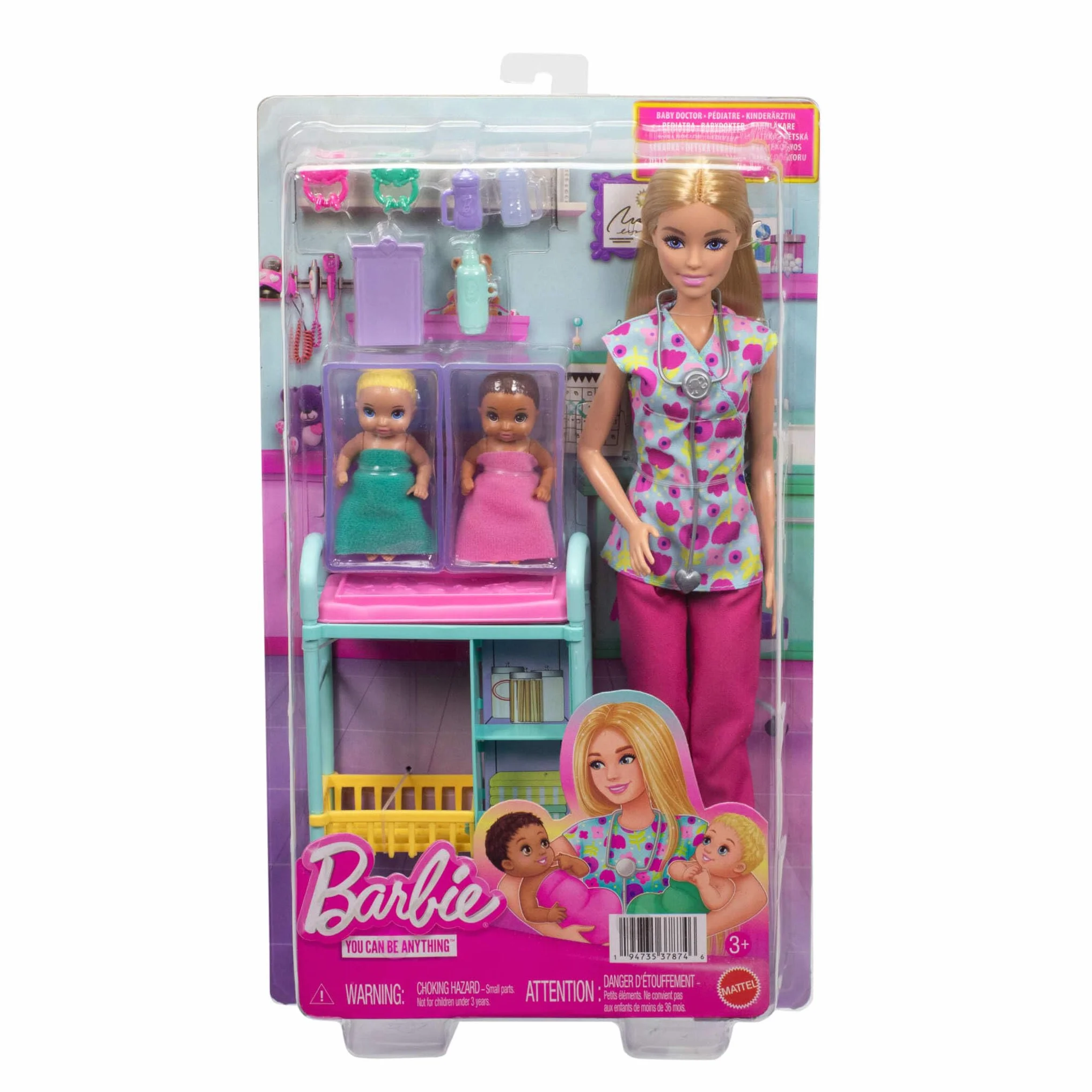 Barbie Profesiones Conjunto de muñeca pediatra con Pelo Rubio y Vestida con una Bata, 2 muñecos bebé, Mesa de reconocimiento y Accesorios, JMK12