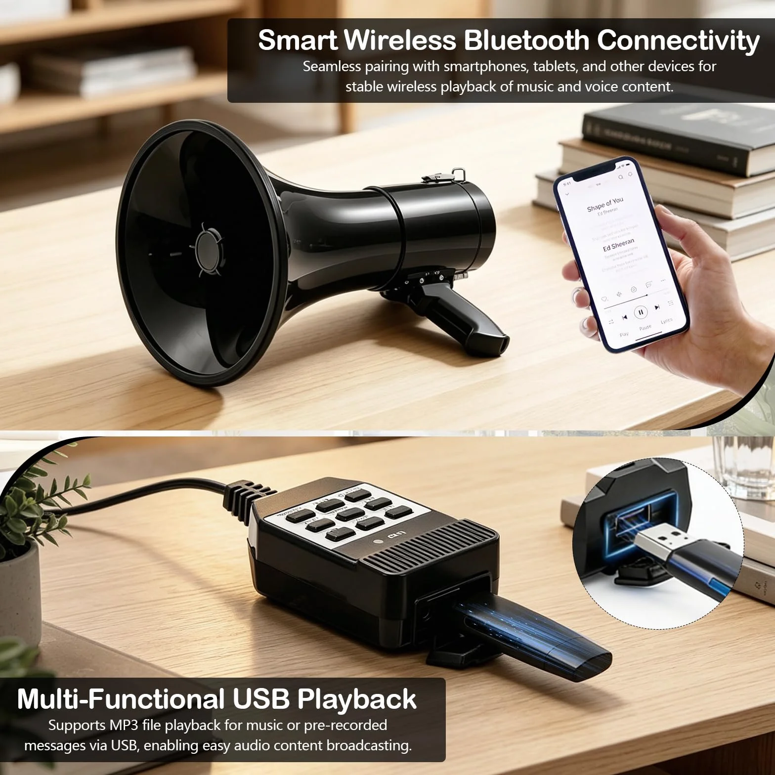 Megáfono 100W Bluetooth con Grabación, Triple Alimentación, 2 Baterías, Alcance 2000m, Sirena, Micrófono Externo, USB, Correa