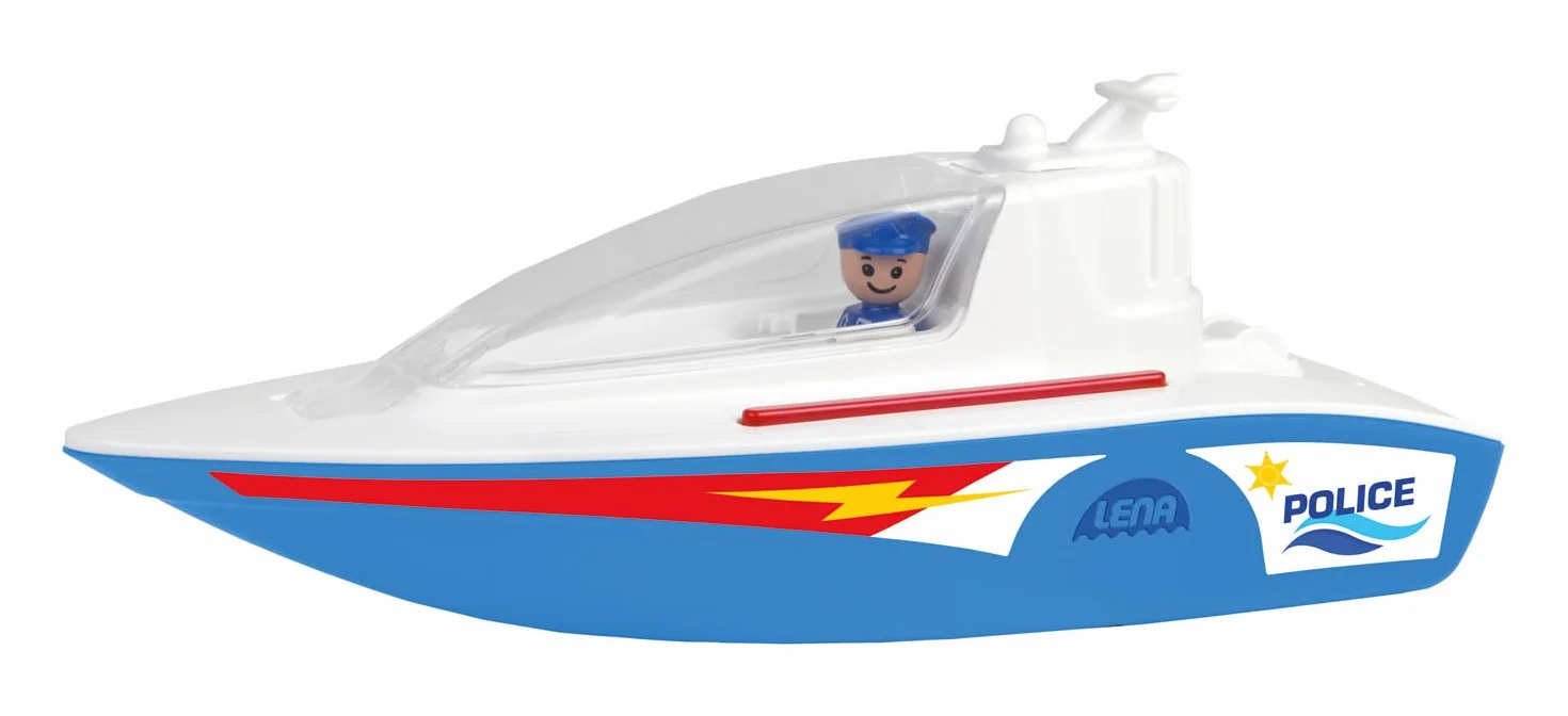 Lena - BOAZZ Barco de policía 36 cm, Barco de Juguete Apto para Interior y Exterior, para niños a Partir de 2 años, Cabina abatible, Dos Asientos y Figura de Juego