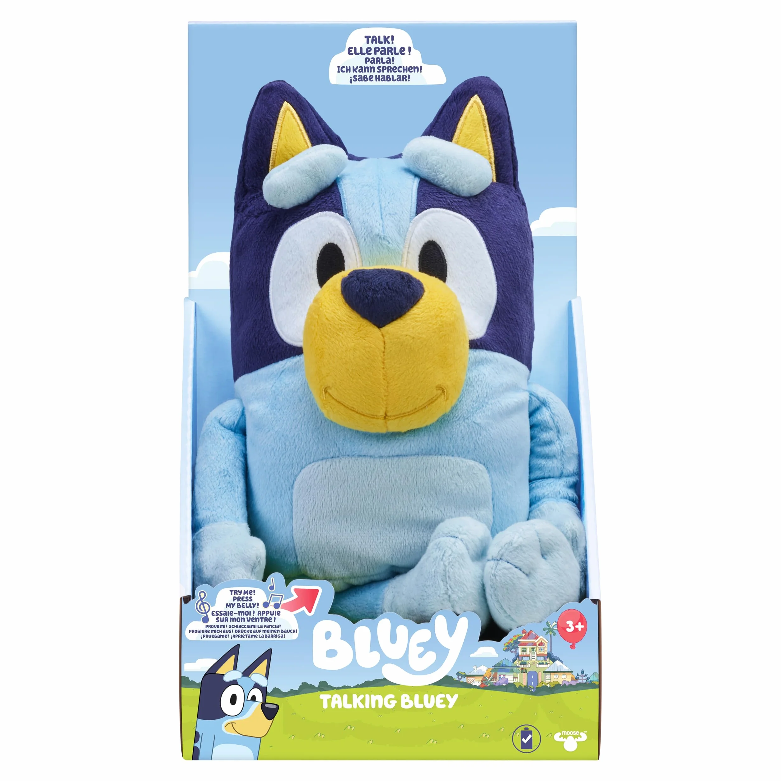 Bluey parlante de 33 cm, Peluche multilingüe parlante con 9 Frases y la canción de la Serie, Habla en 3 Idiomas Diferentes