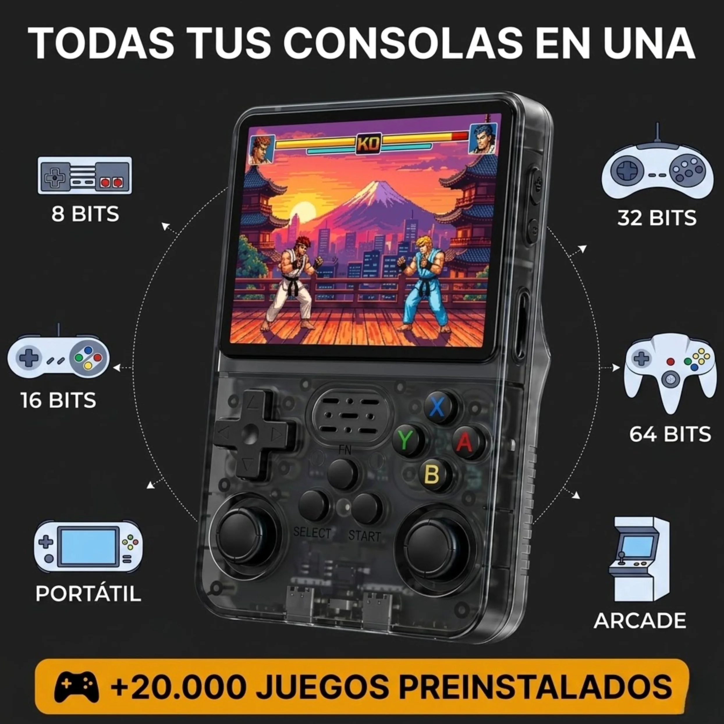Consola Retro Portatil con 20.000 Juegos - Versión 2025- Mini Consola Arcade - Juegos de PS1, PSP, N64, NDS, SuperN, GameB, GBA, NeoG, etc. - Pantall HD 3.5' 640 * 480 - Rechace Imitaciones (Negro)