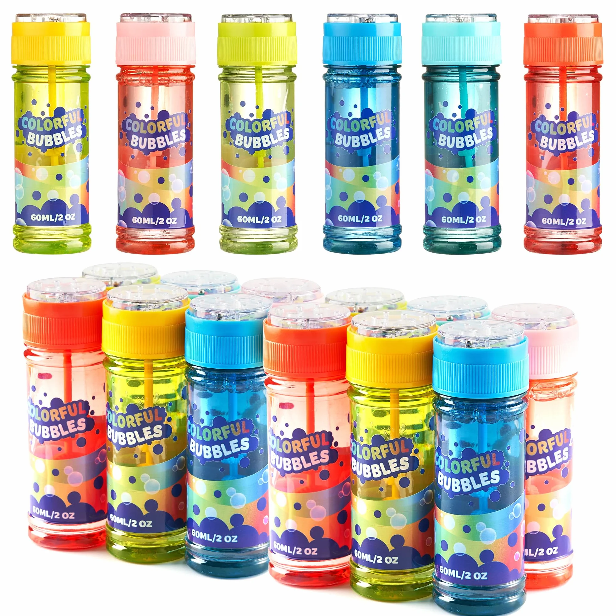 JOYIN 12 Botellas de Burbujas (60 ML de Solución de Burbujas) Diseño Arcoíris Colorido para Fiestas Infantiles, Colores Surtidos, Juguetes de Verano para Pequeños, Regalo para Niños, Cumpleaños