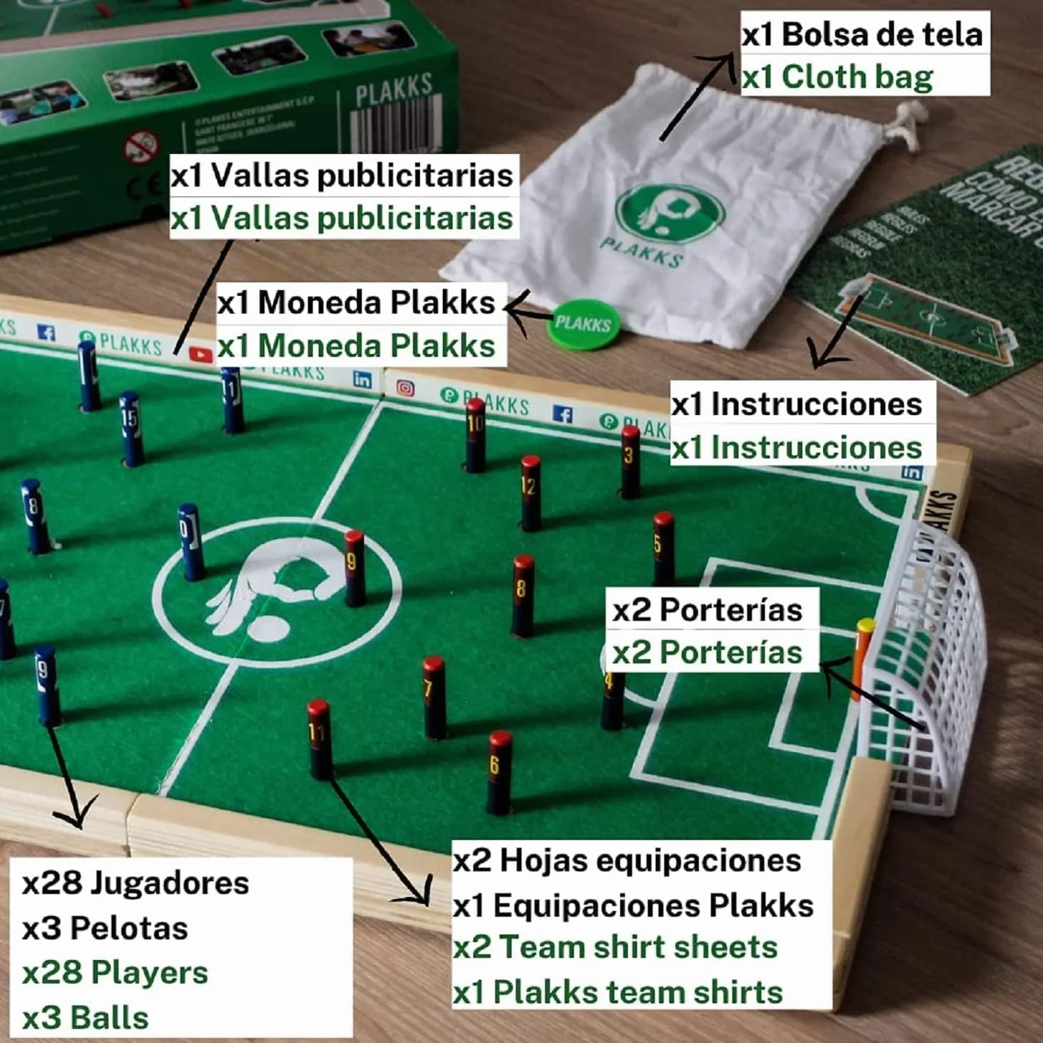 PLAKKS | Juego de Mesa de Fútbol | De 3 a 99 Años | 2 a 4 Jugadores | para Niños y Adultos | Juego de Madera | Juego de Habilidad | para Toda la Familia | Futbolín de Mesa