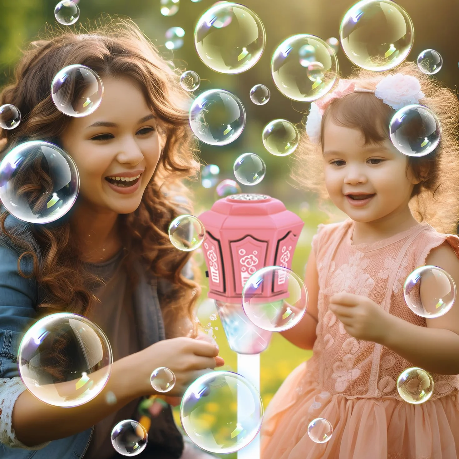 Lámpara de Jardín Bubble Torch con Luz y Música,Altura Regulable 52-115 cm,Máquina de Burbujas Recargable para Exteriores con Mando a Distancia para jardín (Rosa)