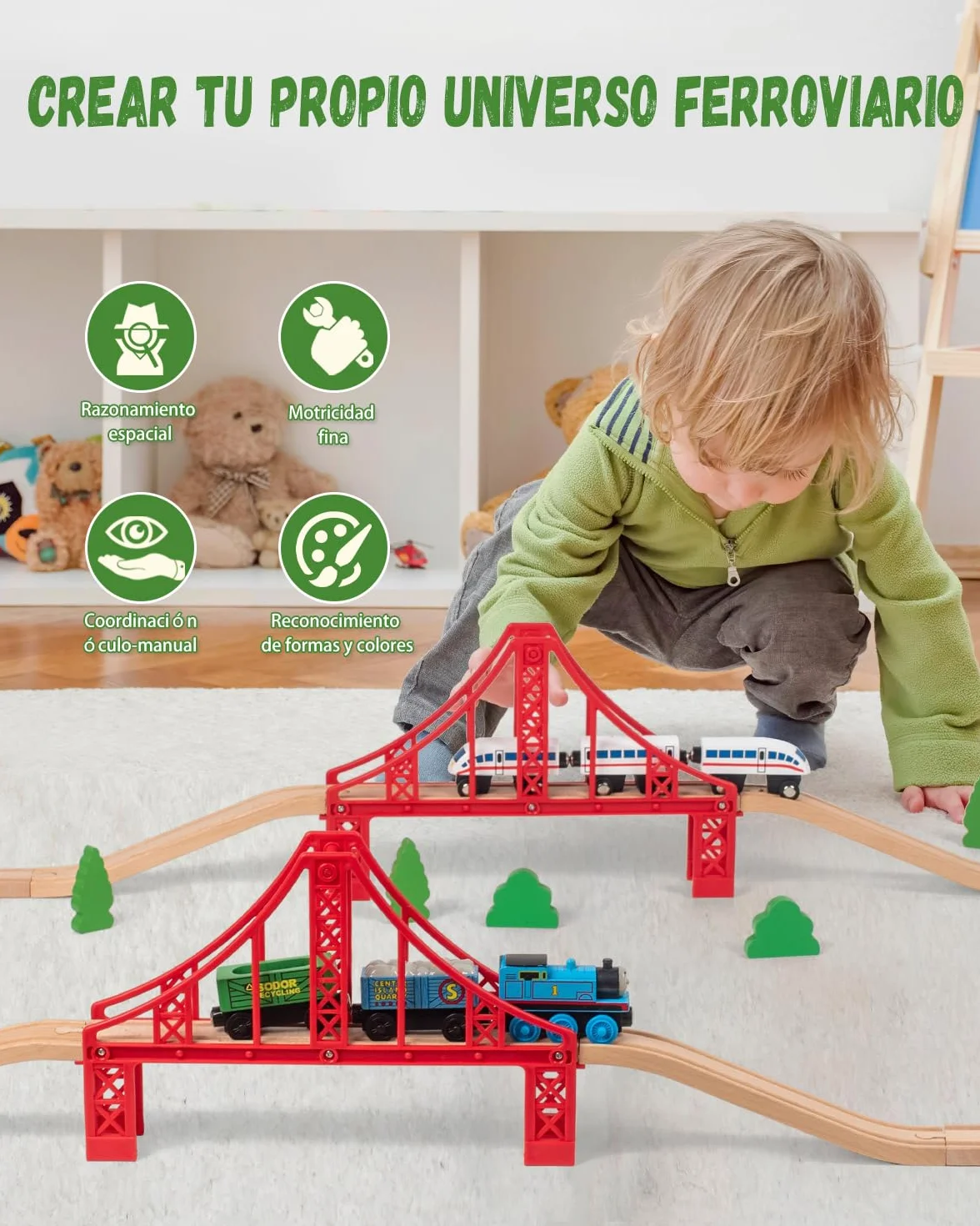 Tren Madera Tren Juguete Accesorios Accesorios para Vías de Ferrocarril Tren de Doble Puente Colgante Trenes de Juguetes para Niños 3-5 Años