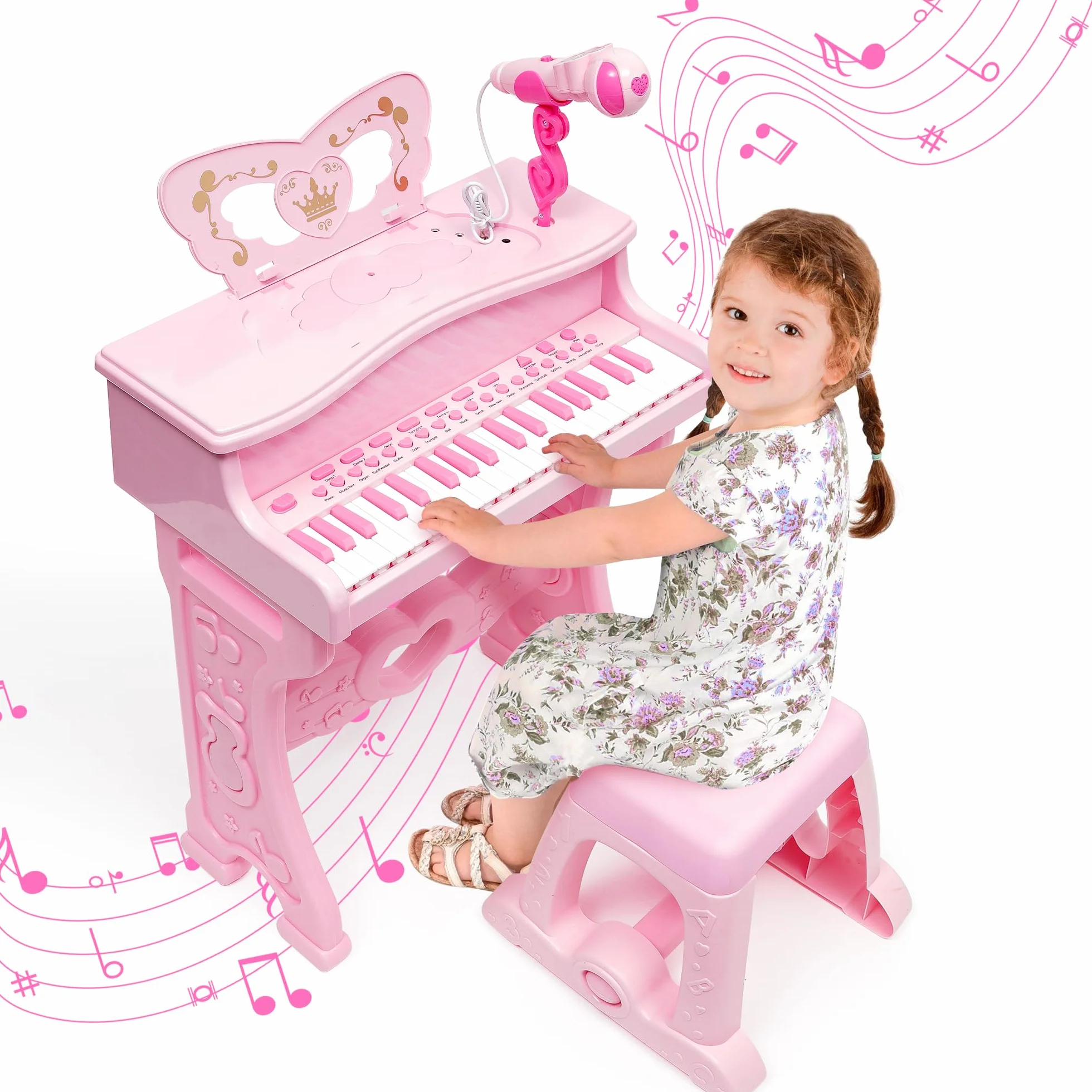 Piano para niños-Instrumento Musical Electrónico con 37 Teclas para niñas,Regalo Juguete Musical Pedagógico con Patas Desmontables,Micrófono,Varios Modos de Música,luz,Taburete (Rosa)