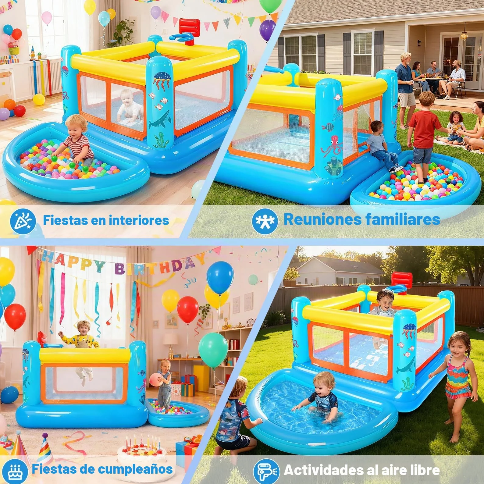 Castillo Hinchable para niños de 3 a 6 años, pequeña casa de Juegos Hinchable de PVC con cojín para Saltar, Piscina de Bolas extraíble, Canasta de Baloncesto y Juego de Saltar, Incluye Bomba de Aire
