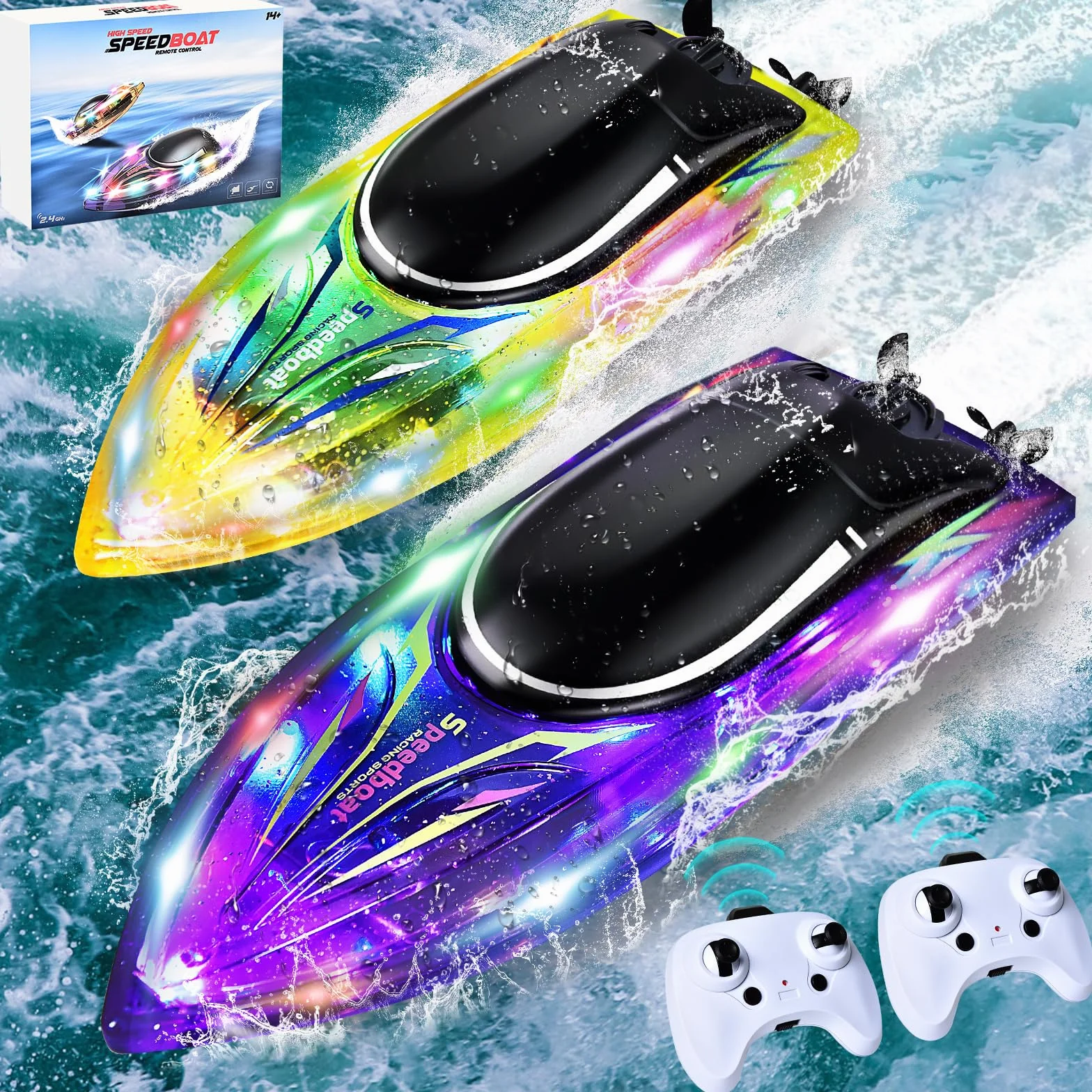 Herenear Barco teledirigido 2 unidades, barcos teledirigidos para niños a partir de 6, 8, 10 años, barco RC con luz LED para adultos, juguete de piscina ajustable lancha rápida para mares, piscinas y