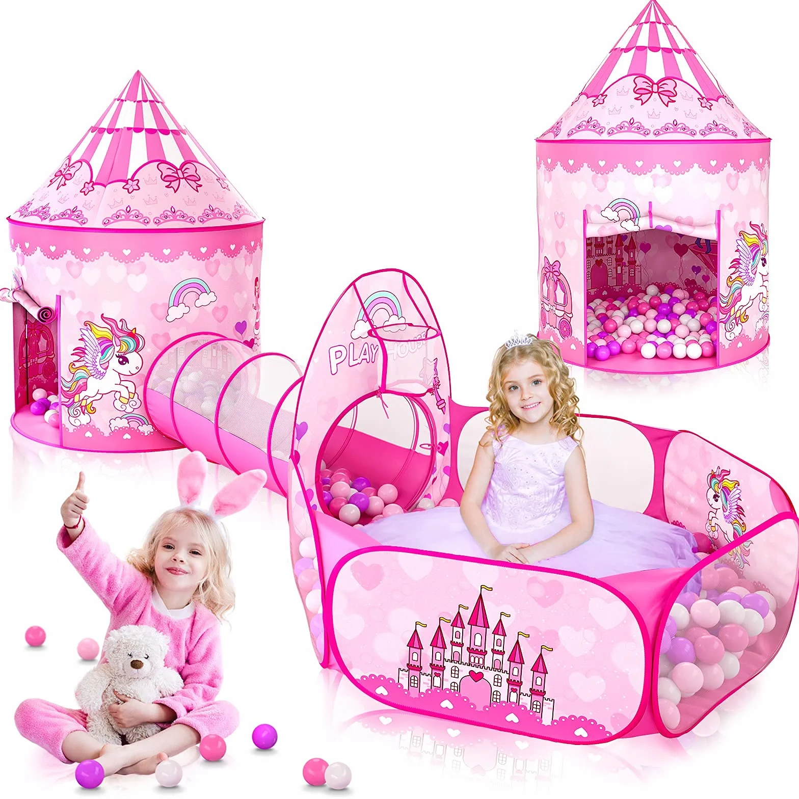 Wilwolfer Tienda de Campaña Infantil Pop-up+Túnel de Juego Infantil+Piscina de Bolas Bebé - 3-en-1 Tienda de Juego para Niños Niñas - Gran Casita Infantil Interior y Exterior