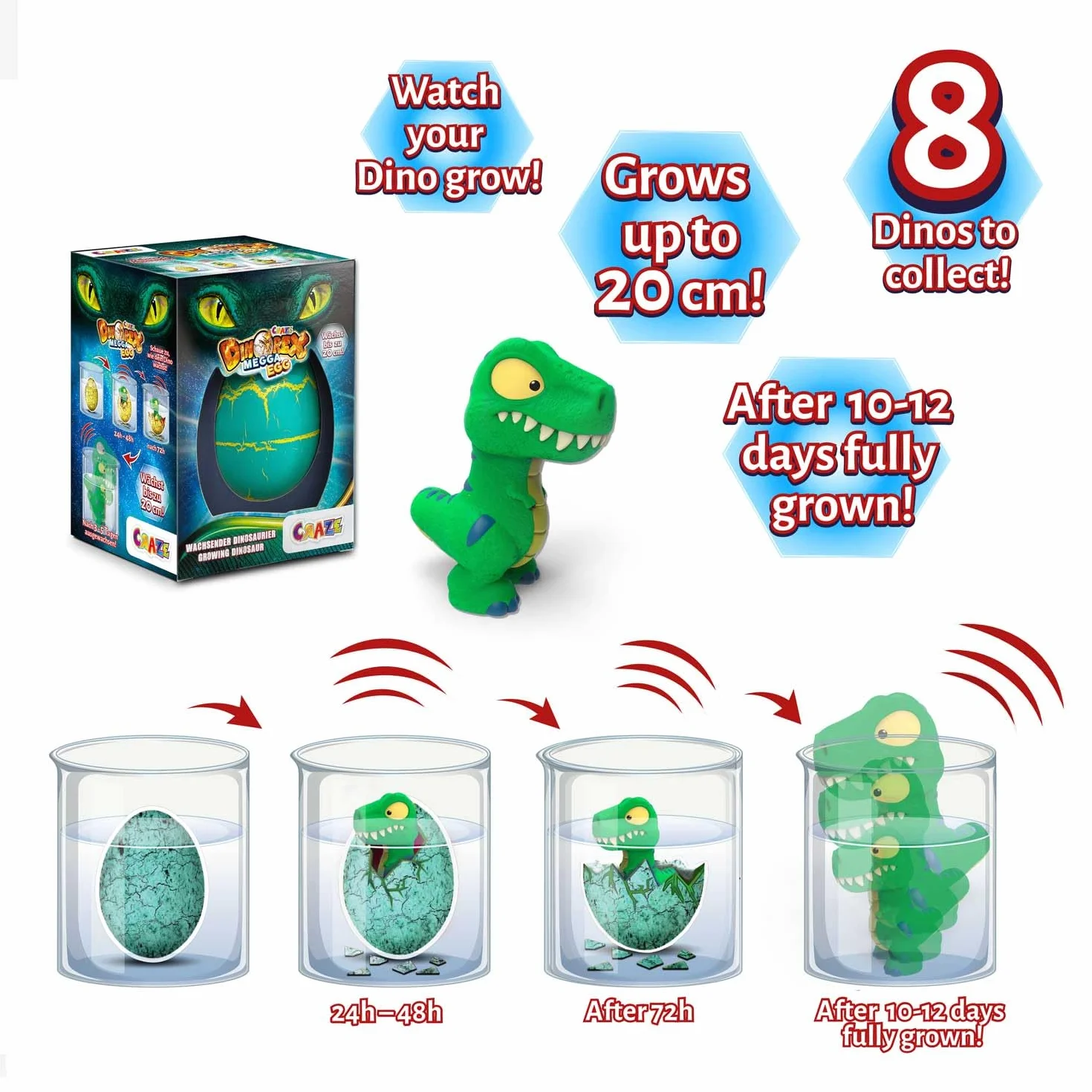 CRAZE Mega Egg DINOREX Juguetes de Dinosaurios para incubar Que Crecen en Agua, Huevos de Pascua con Sorpresa de Dinosaurio