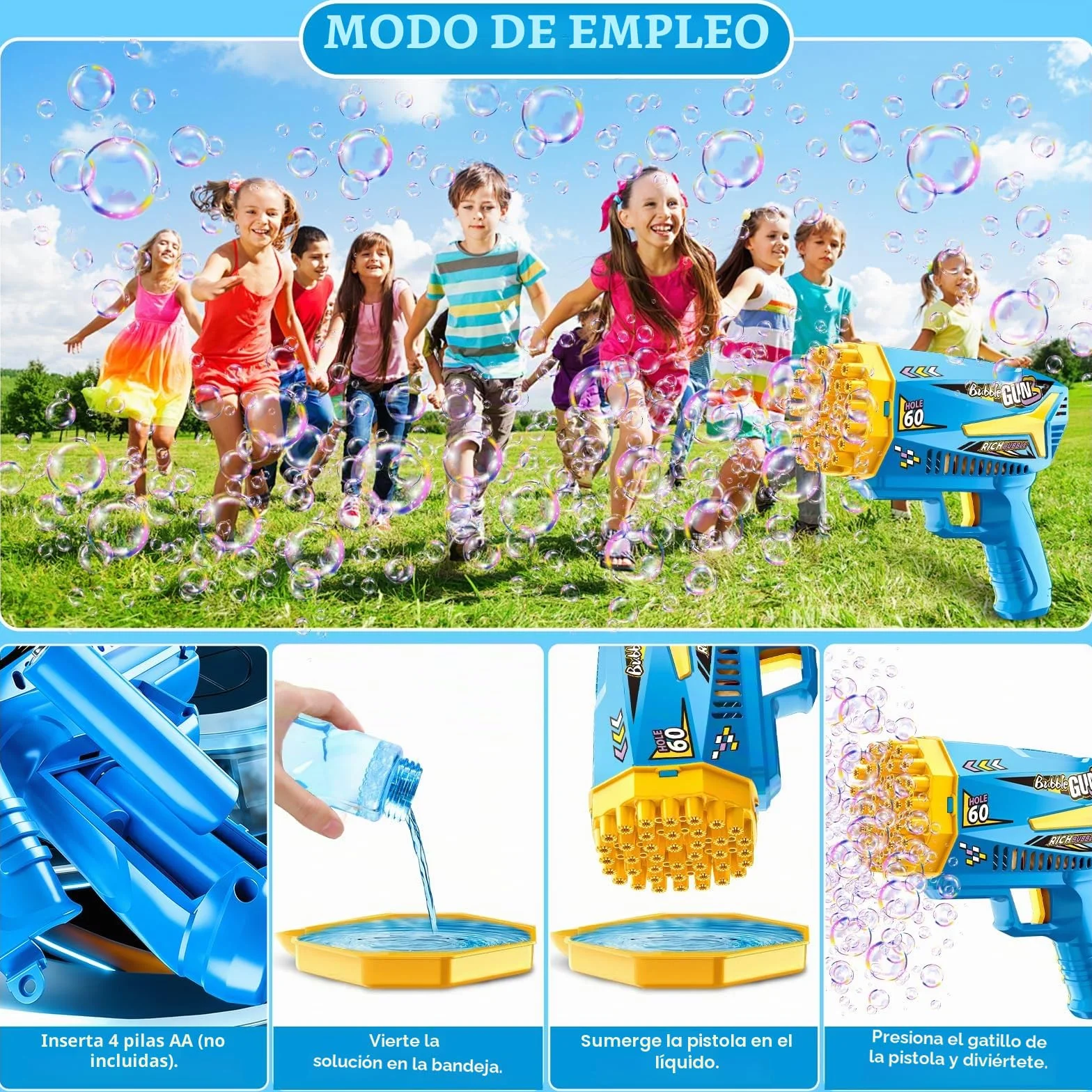 Pistola de Burbujas, 2 Piezas Máquina Automática Pompas de Jabón, con 4 Botellas de solución, 10 Packs Solución de Recarga de Burbujas, para Niños, Adultos, Juguete de Verano