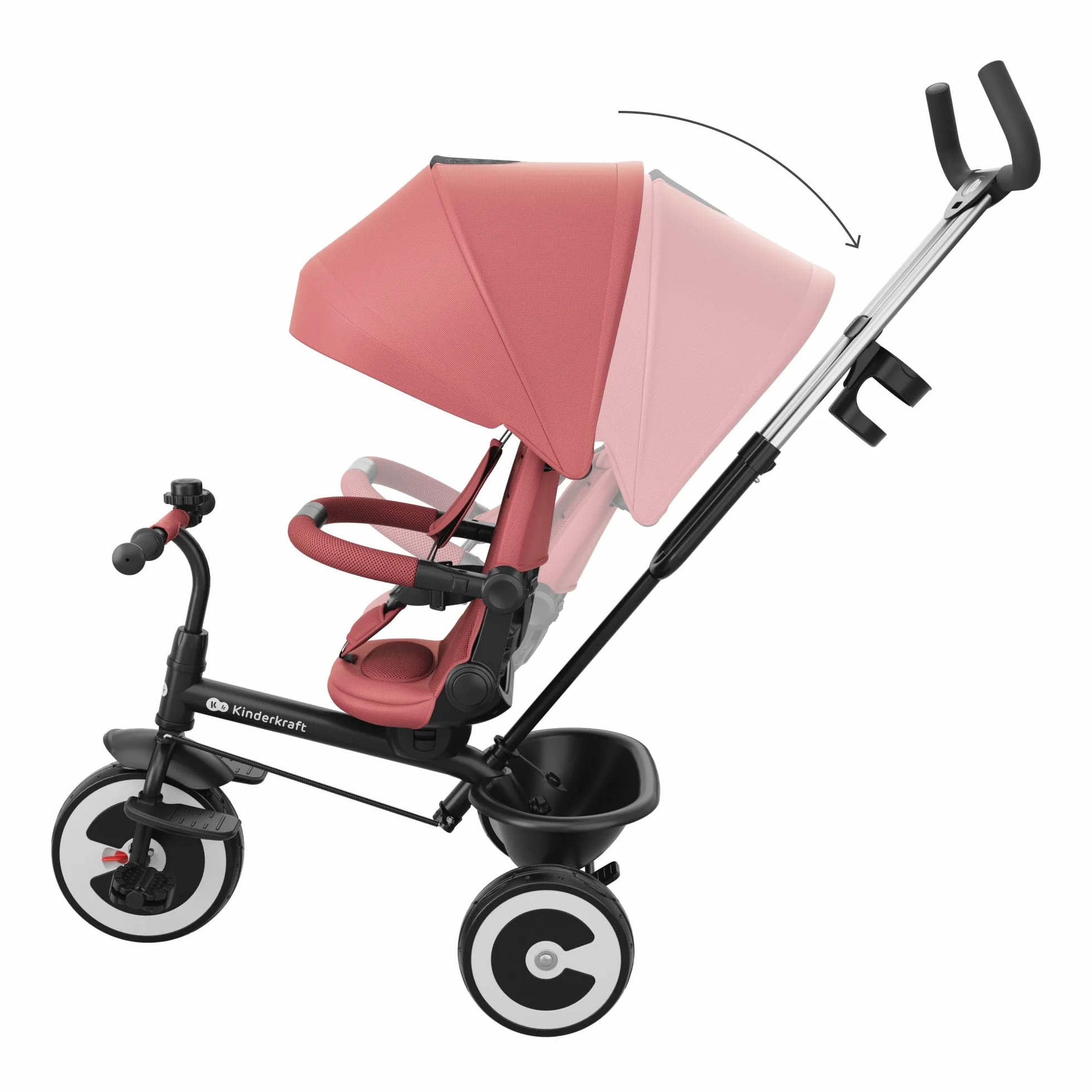 Kinderkraft Aston 2 Pro Triciclo Evolutivo, Bicicleta Sin Pedales, Bicicleta Bebe, para Niños, Cinturón, con Accesorios, Portavasos, Cesta, 9 Meses a 25 kg, Rosa