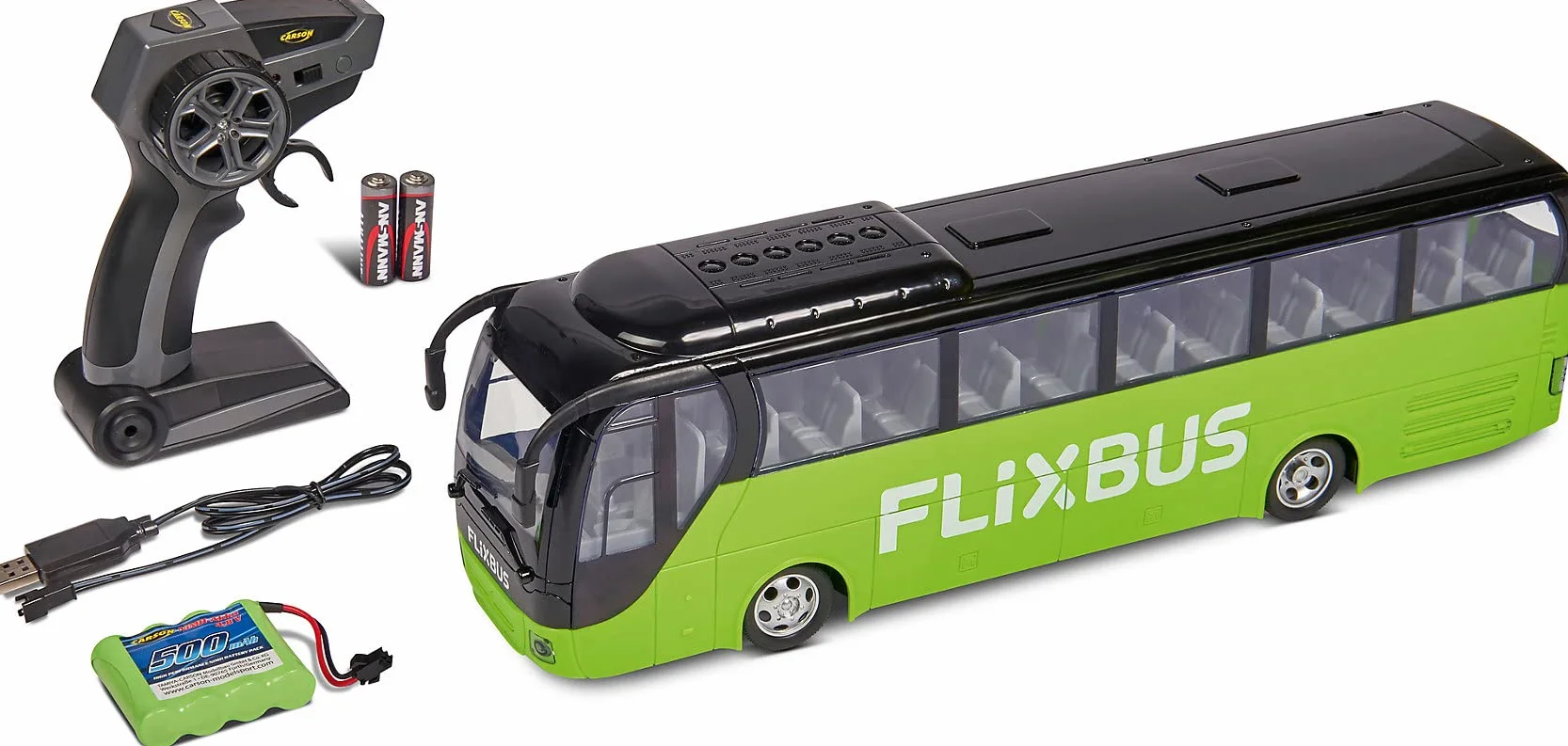 Carson 500907342 FlixBus 2.4GHz - 100% Listo para Conducir, autobús de Juguete, Coche de Juguete, Coche teledirigido, para niños a Partir de 8 años, Tiempo de conducción Aprox. 60 min.