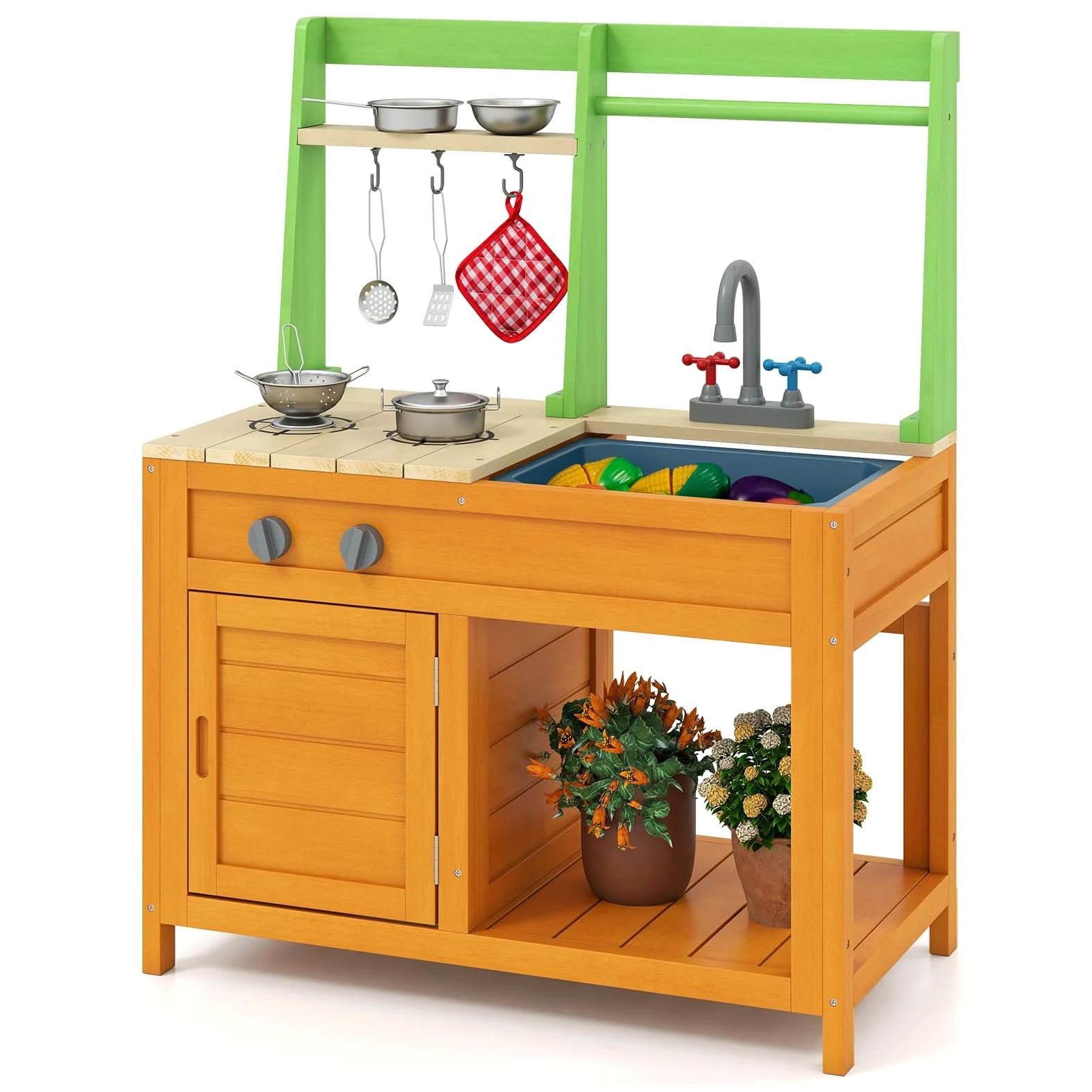 FANTASK Cocina de Barro de Madera para Exteriores con Accesorios, Cocina Infantil con Estufas realistas, Grifo, Fregadero y Horno, para niños a Partir de 3 años