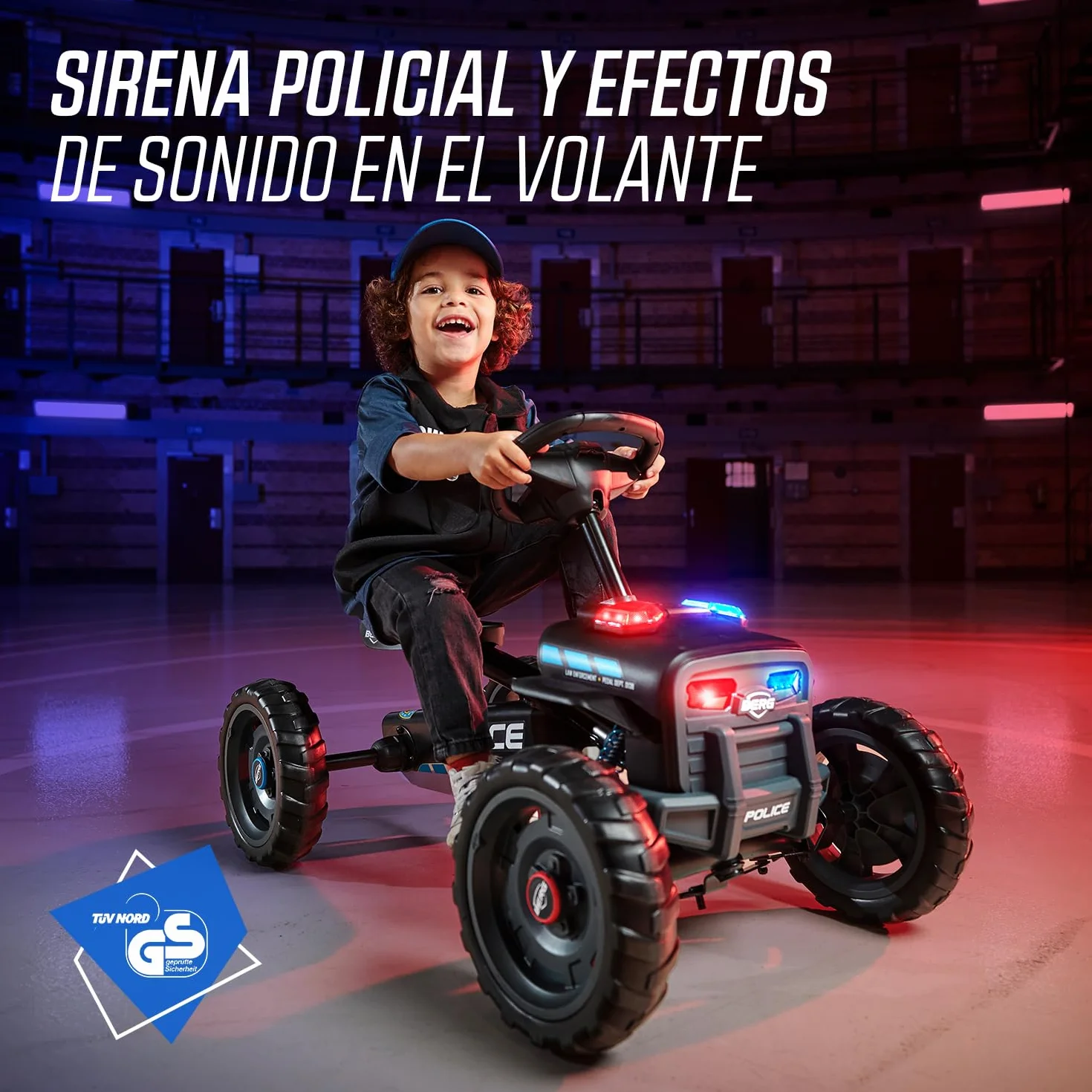 BERG Kart a Pedales Buzzy Police | 2-6 años, cuadro resistente, asiento regulable, volante regulable