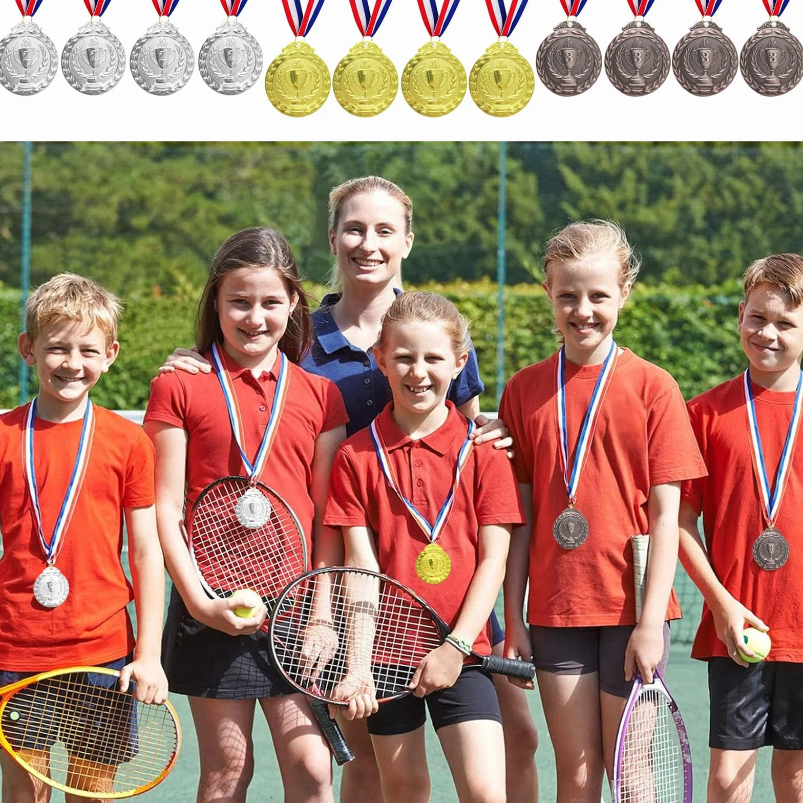 Medallas de premio bronce plateado dorado con cintas para el cuello, paquete de 12 para niños competiciones fiestas deportes