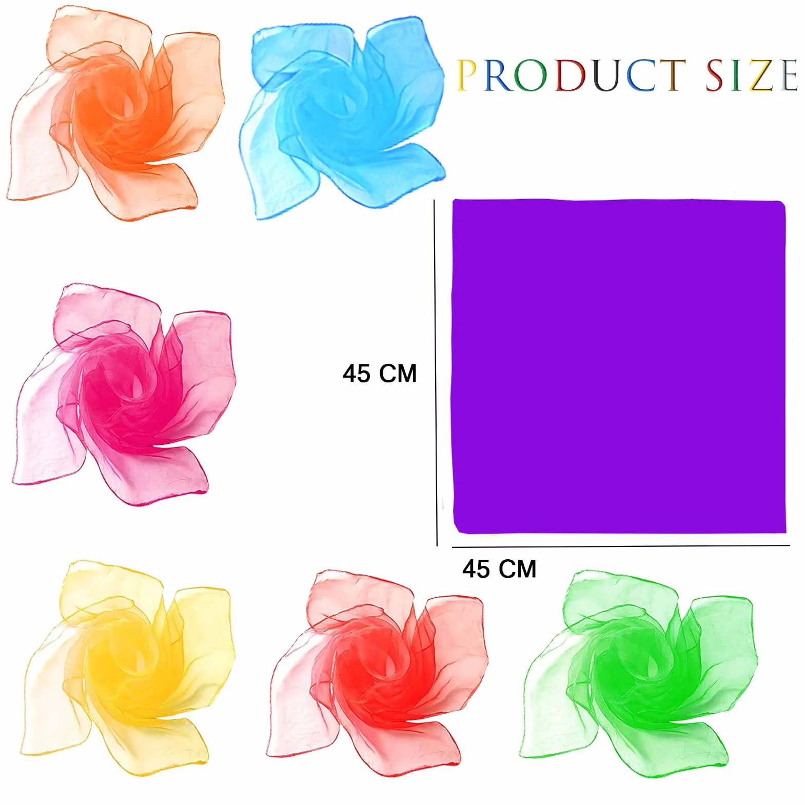 Pañuelos de Malabares para Niños y Adultos - Set de 7 Bufandas Malabares para Baile, Magia, Fiesta y Juegos Sensoriales - Decoración y Accesorios de Circo - 45 x 45 cm