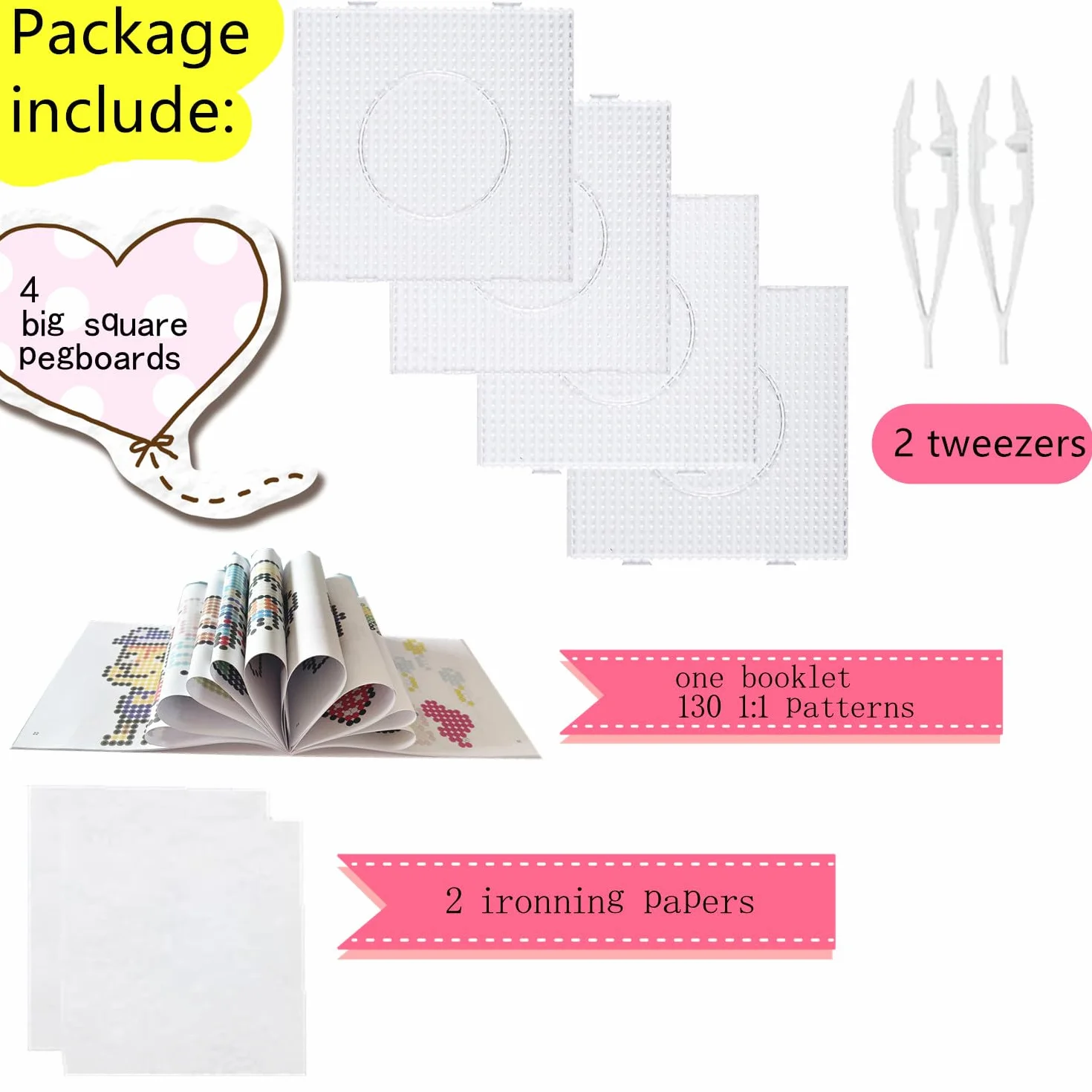vytung Beads Plantilla,Juego de 4 placas de cuentas para plancha con 2 pinzas,130 modelos,Papel de Planchado, Hama para Puzle de Forma Transparente - Artesanía para niños