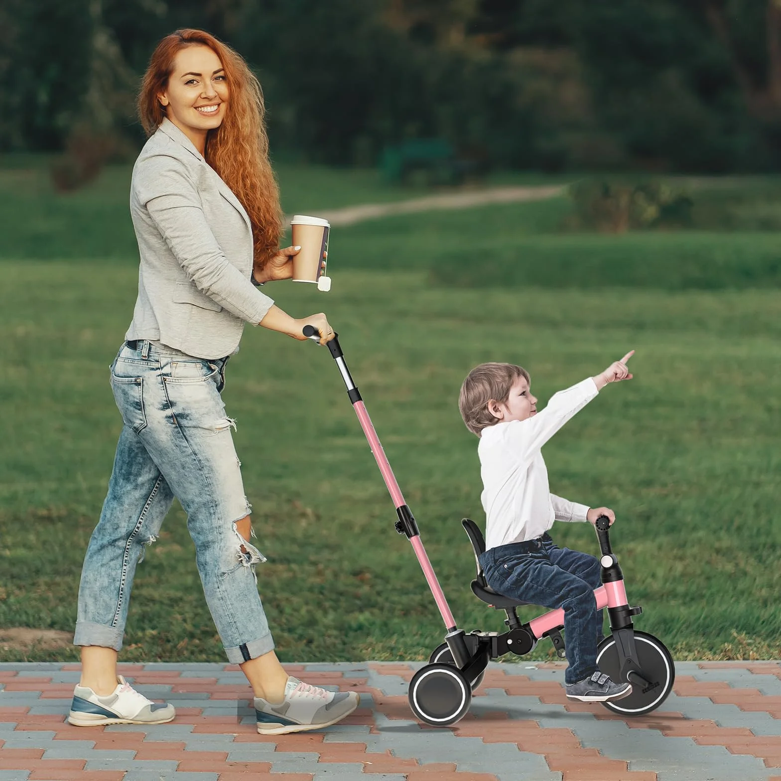 KORIMEFA Triciclos para Niños 6 en 1 Bici Multifunción, Triciclo de Equilibrio Plegable, Bicicleta, Carro de Equilibrio,Caminante Adecuado para niños de 1-4 años con Barra de Empuje Ajustable (Rosa)