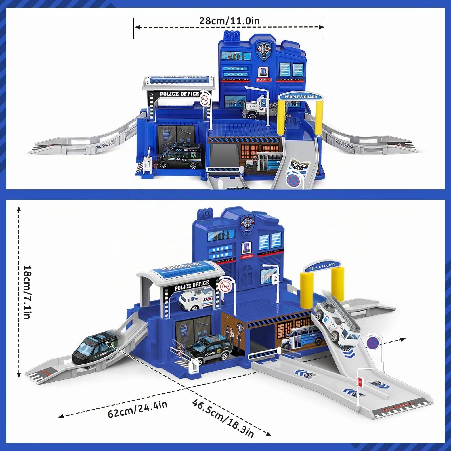 deAO City Estación de Bomberos, Departamento de Policía, Estación de Construcción, Base Militar, Helicóptero, Camión, Mapa, Regalo para Niños y Niñas de 6 Años (Azul)