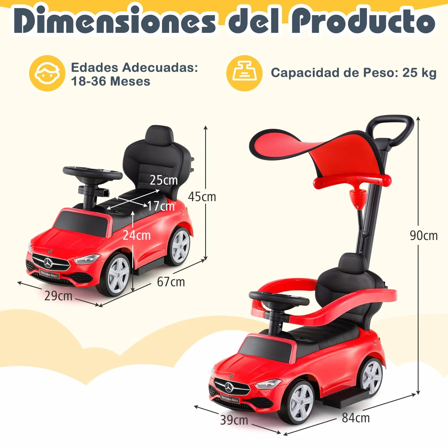COSTWAY Coche Correpasillo 3 en 1 para Niños, Coche de Juguete con Barra de Empuje y Capota Ajustable, Coche con Pedal y Bocina para Niños de 18-36 Meses con Sonido (Rojo)