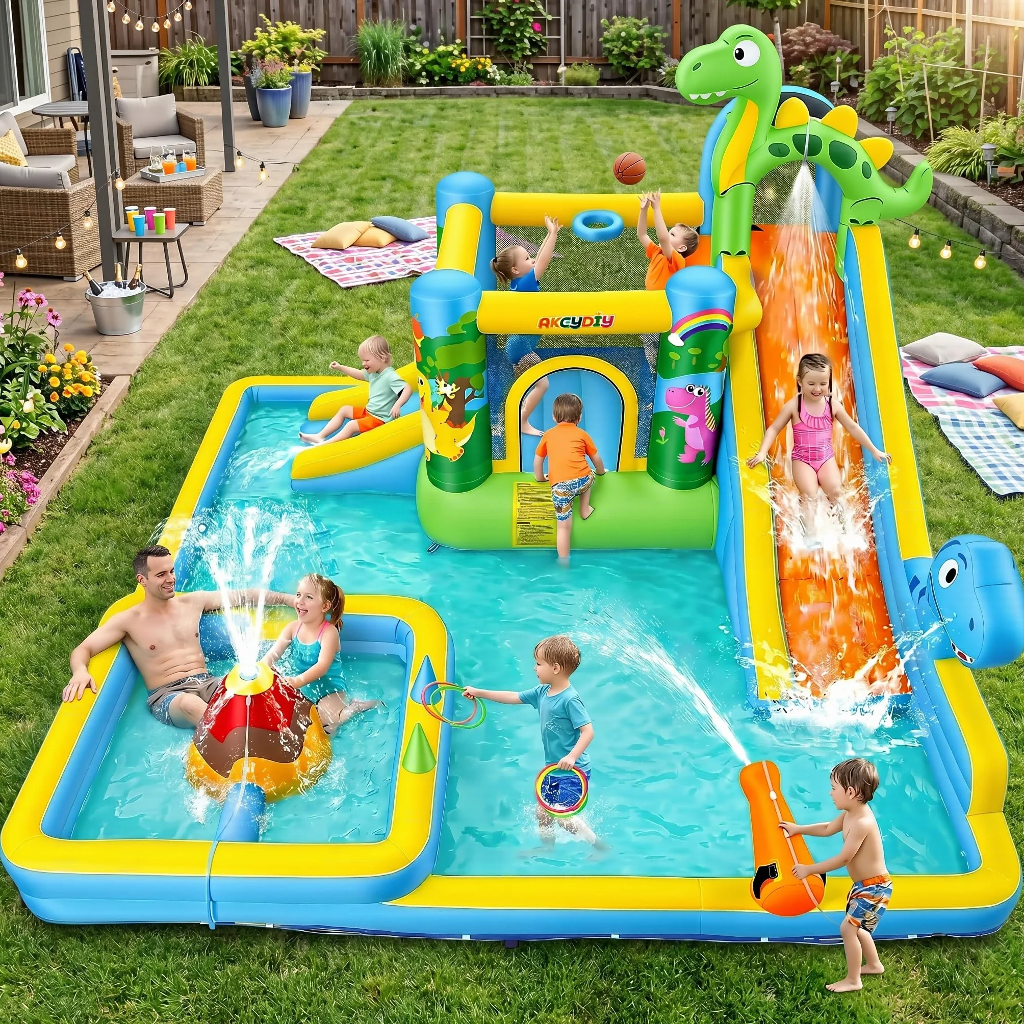 Tobogán acuático Inflable Castillo Hinchable con soplador para niños de 3 años + años, tobogán seco/acuático, Dinosaurios con 2 toboganes, Piscina Infantil y Piscina, Canasta de Baloncesto, cañón de