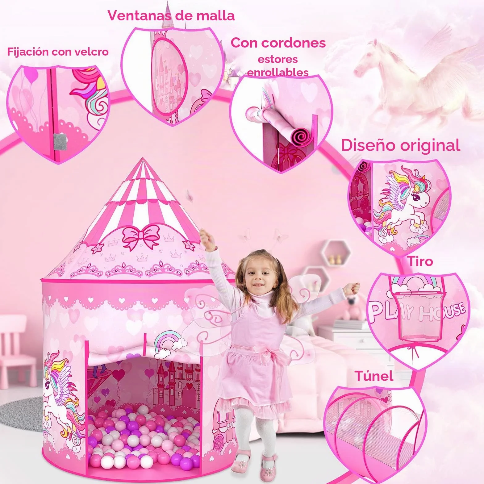 Wilwolfer Tienda de Campaña Infantil Pop-up+Túnel de Juego Infantil+Piscina de Bolas Bebé - 3-en-1 Tienda de Juego para Niños Niñas - Gran Casita Infantil Interior y Exterior