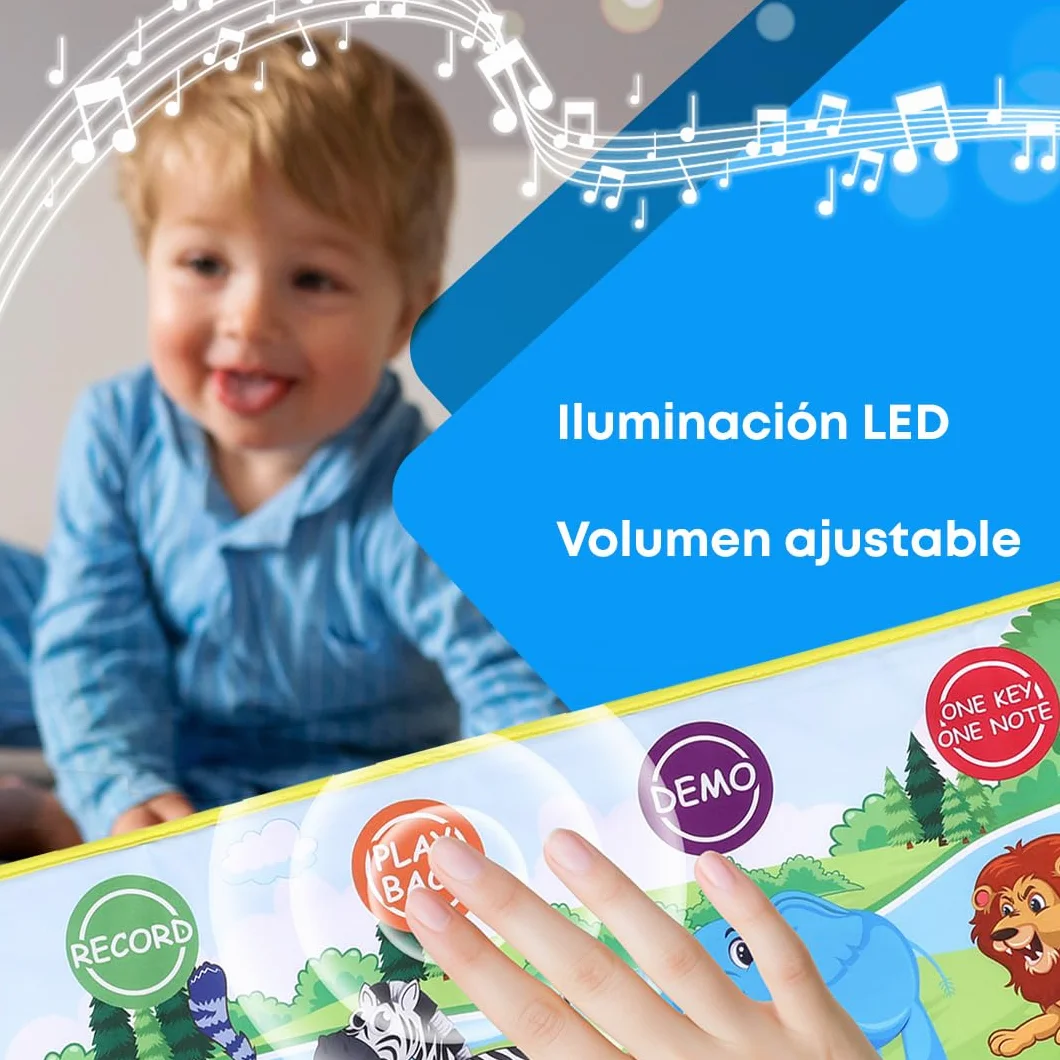 NK Alfombra Musical para Bebé con 8 Sonidos de Animales LED - Piano Infantil Juguete para Niños 3 4 5 años, Regalo Original Montessori Cumpleaños Navidad, Plegable, Función Record/Playback (110x36cm)