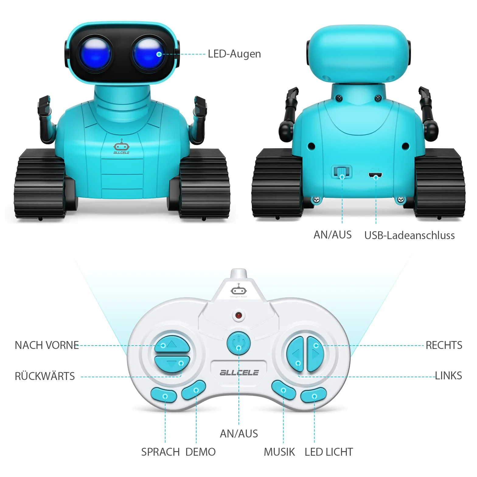 ALLCELE Robot de Juguete para niños, Recargable, con Ojos LED, música y Sonidos interesantes para niños a Partir de 3, 4, 5, 6, 7, 8 años, Regalo para niños y niñas, Color Azul