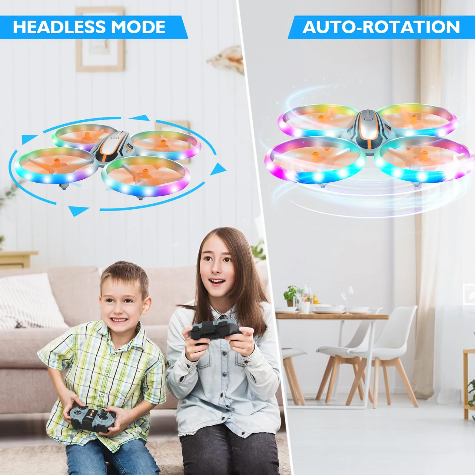 i9 Drone para Niños, Mini Drone con Luces de Colores, RC Quadcopter Modo sin Cabeza, Retención de Altitud, Volteos 3D, 2 Baterías