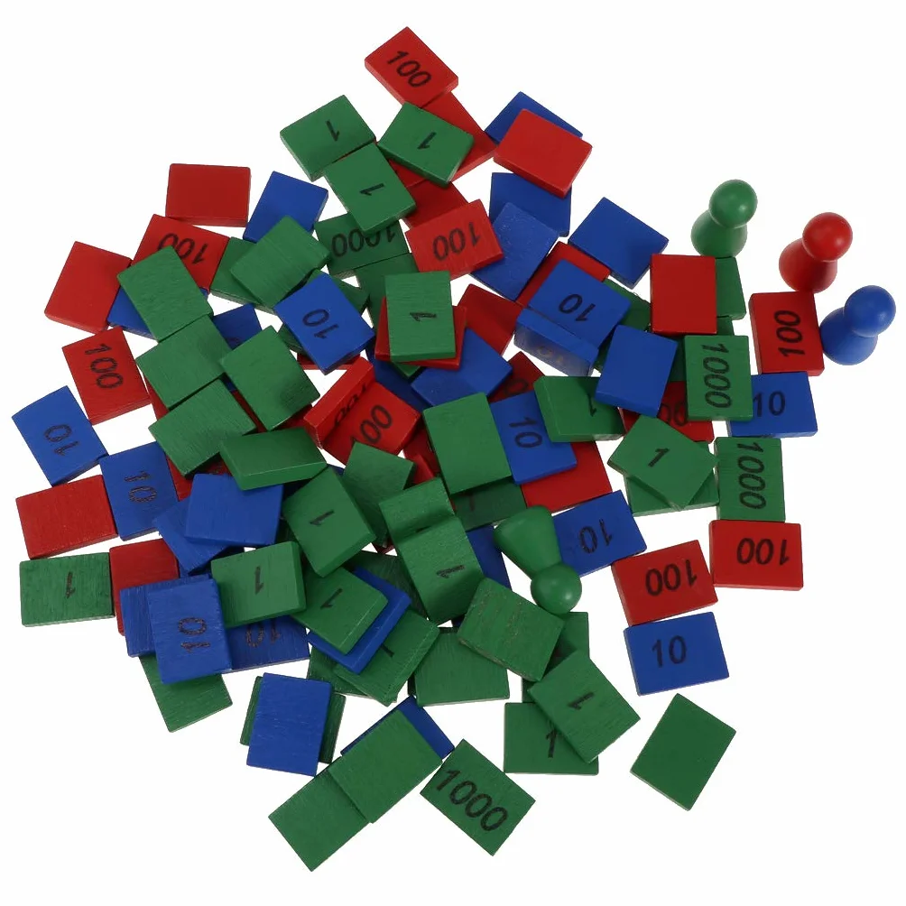 Juego de sellos Montessori de madera, juego de sellos Montessori de 4 piezas y 108 piezas de azulejos de madera etiquetados con 1, 10, 100 y 1000