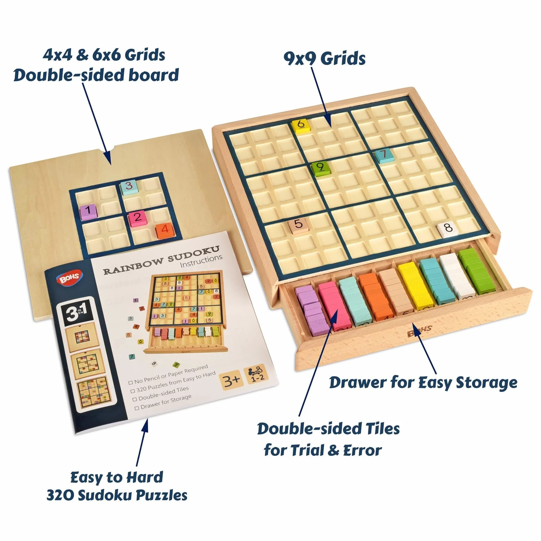 BOHS 3-en-1 Sudoku de Madera Juego Educativo para Niños 320 Rompecabezas Fichas Multicolores