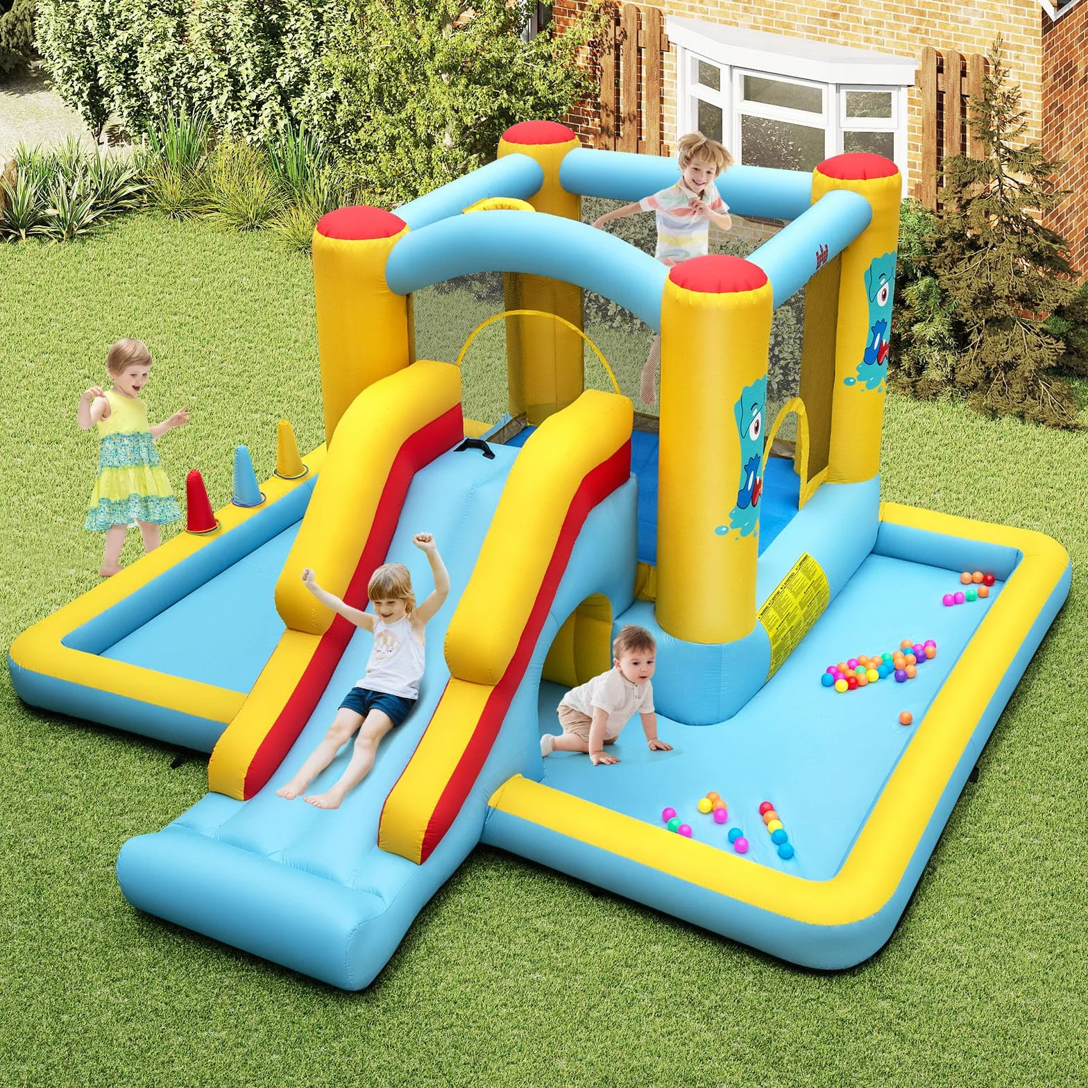 COSTWAY Castillo Hinchable 7 en 1, Grande, 394 x 389 x 194 cm, Niños 3 a 10 Años, Interior Exterior