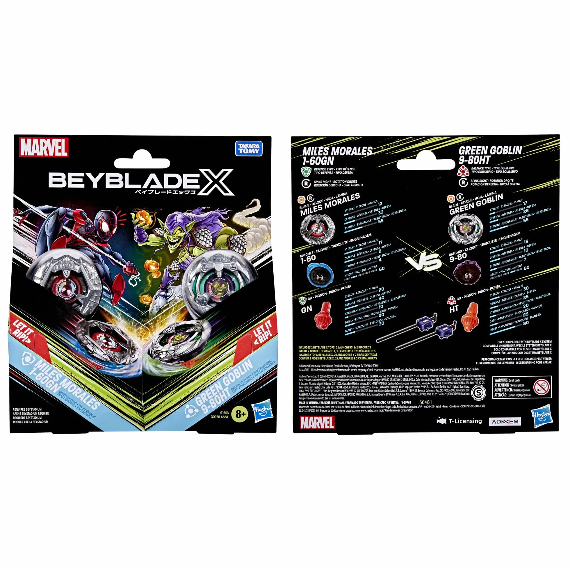 Colaboración Beyblade X y Marvel, Miles Morales 1-60GN vs. Green Goblin 9-80HT