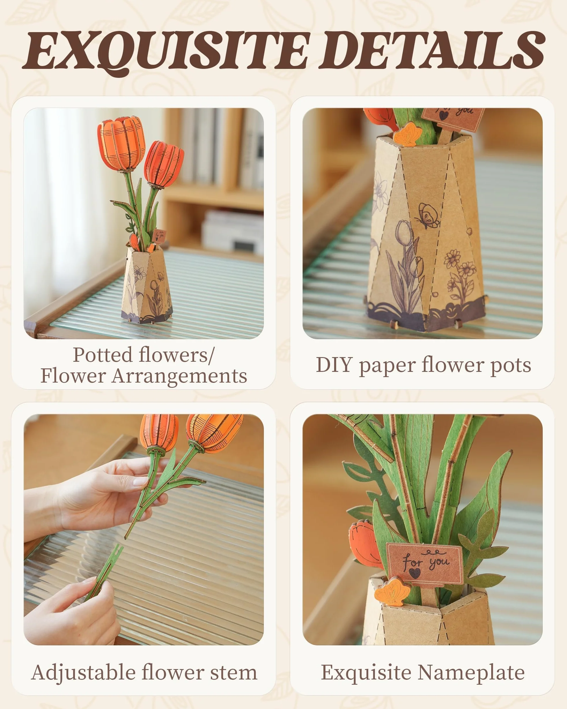 Robotime Flor Puzzles 3D Madera Maquetas para Construir Adultos Tulipane Naranja