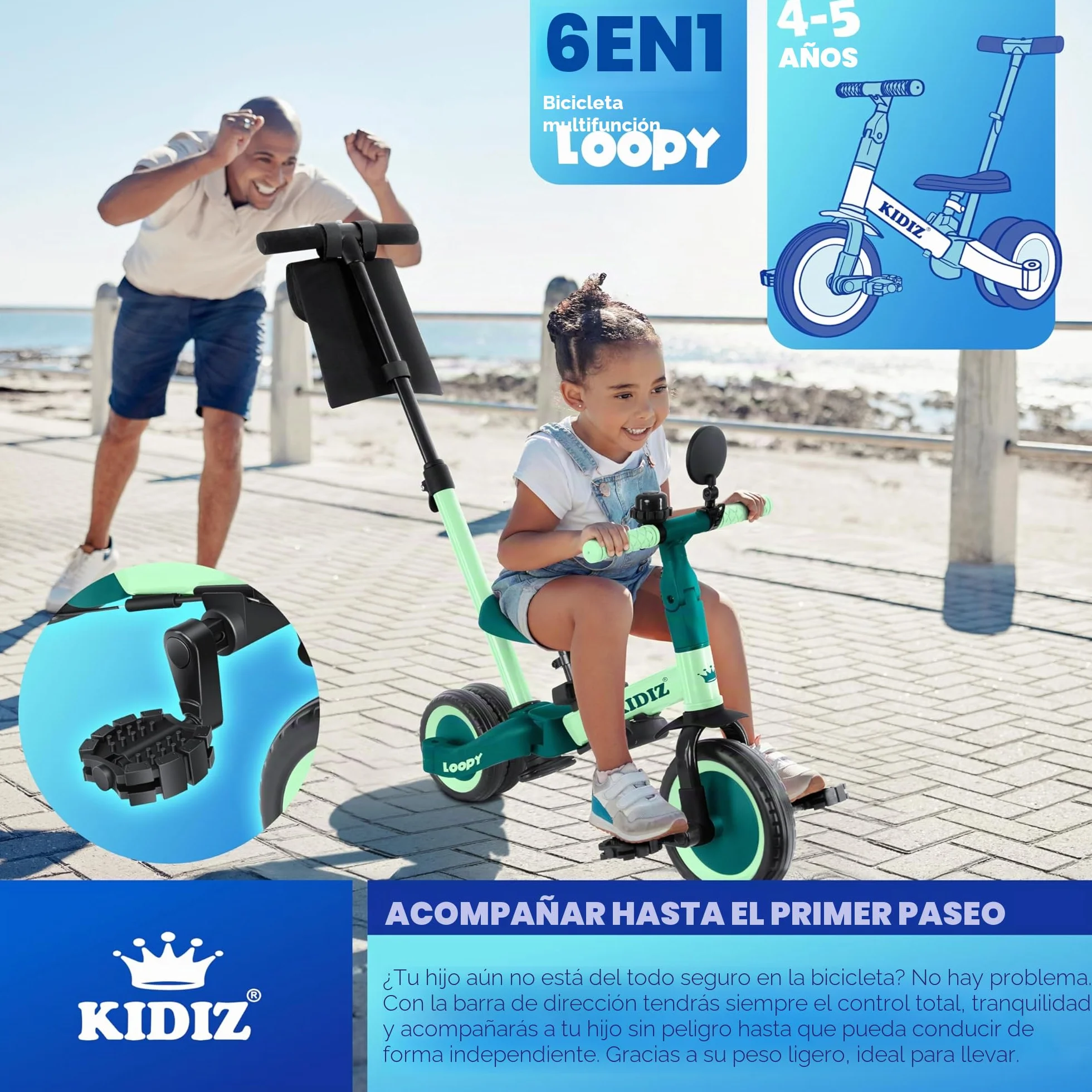 KIDIZ® 6en1 Bicicleta de Balance, Triciclo para niños de 1 año a 5 Años, Capacidad de Carga hasta 25kg, Incl. Manillar/Barra de Seguridad/Cinturón de Seguridad/Timbre/Espejo
