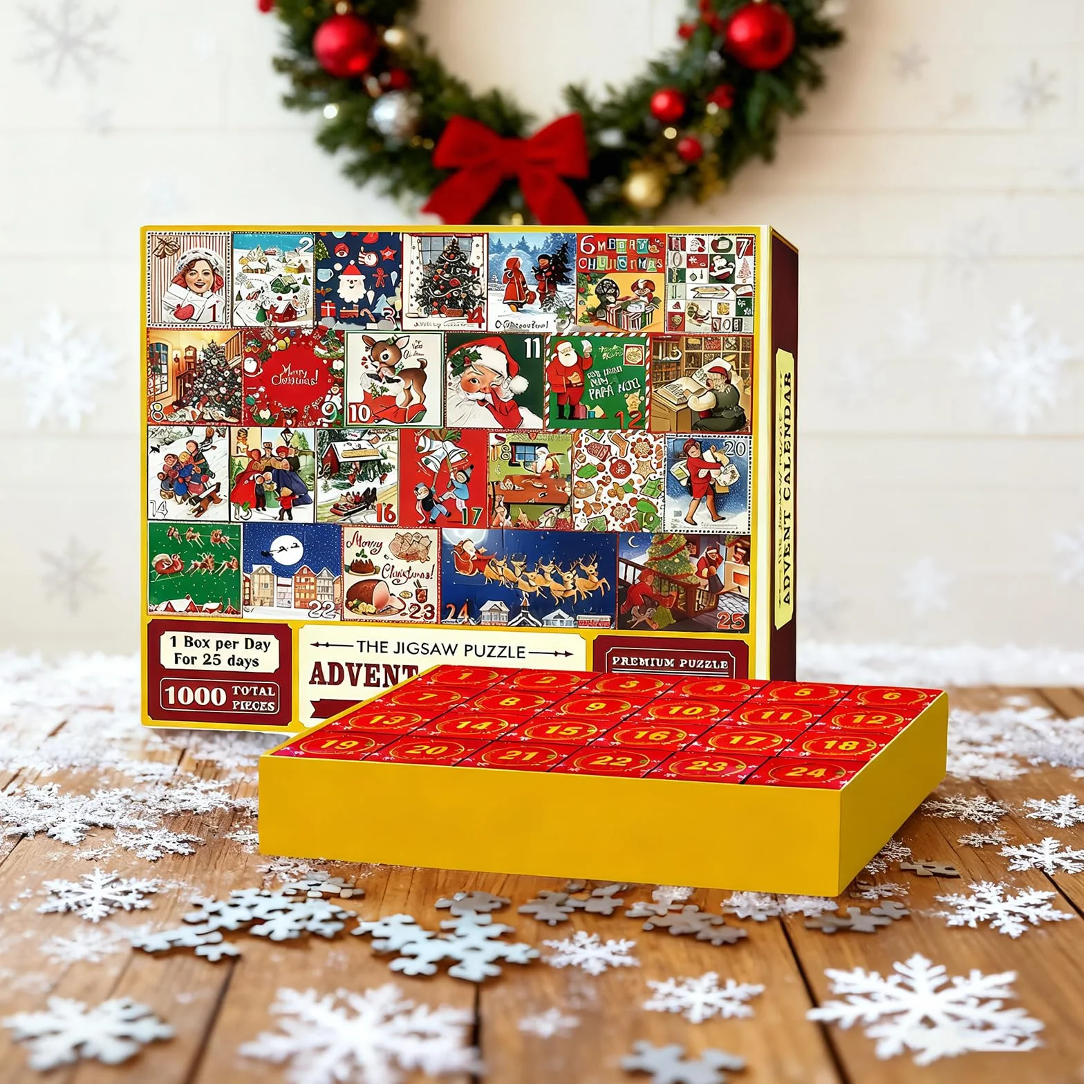 Calendario Adviento, Puzzle Navidad 1000 Piezas con 24 Cajas Sorpresa - Juego Interactivo Calendario Adviento Educativo y Divertido para Niños y Niñas Como Regalo Familiar
