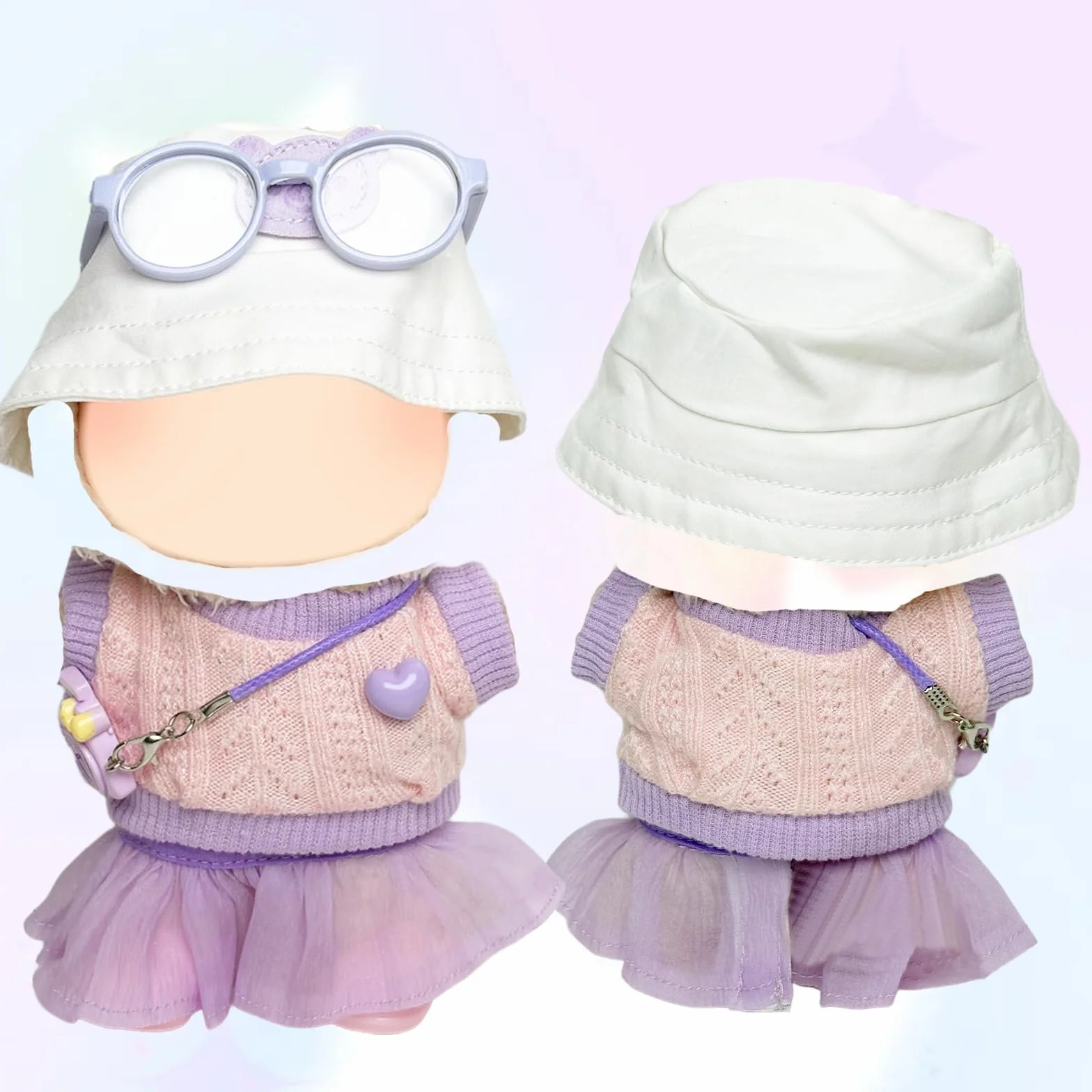 6 Piezas de Ropa para muñecas de 17 cm, Camiseta con tutú de corazón, Sombrero, Gafas, Colgante de cámara, 1 par de Zapatos para la Mini muñeca de Peluche de 17 cm, no incluida en el envío, Lila