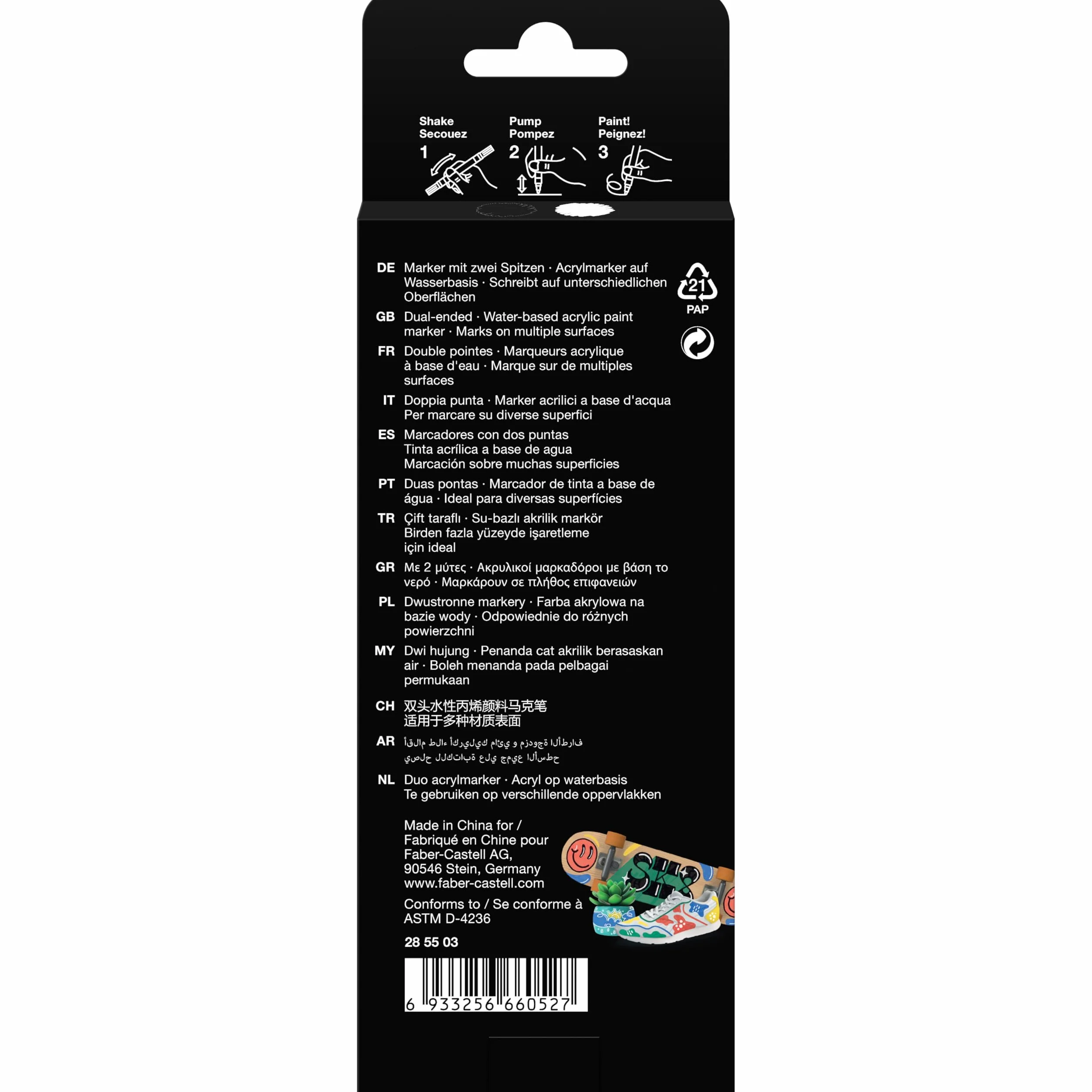 Faber Castell 285503 - Set 2 Marcadores Acrilicos Black Edition de Doble Punta Shake & Paint - Negro y Blanco