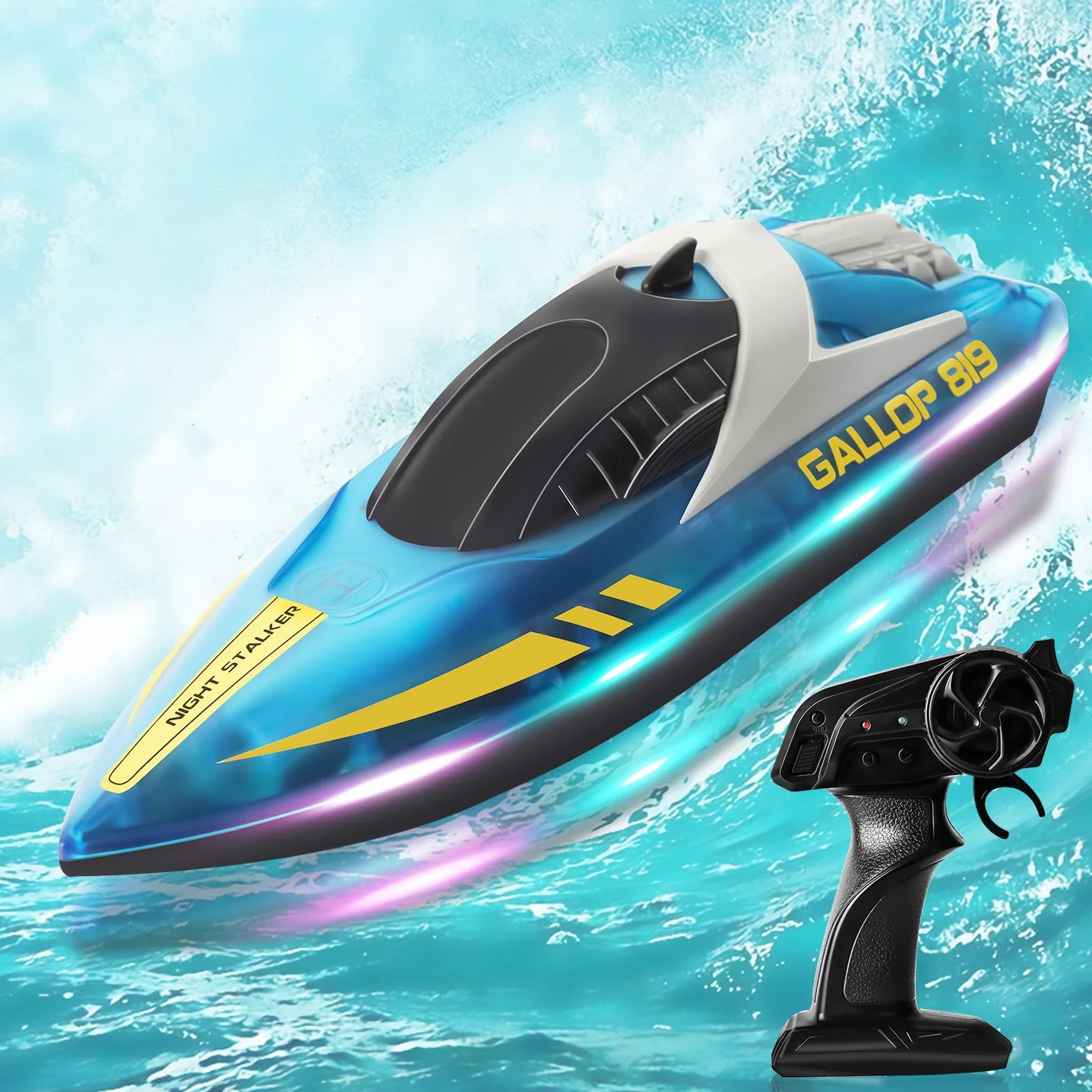 Lancha Teledirigida con Luces LED, 2.4GHz Totalmente Proporcional Barco Teledirigido, Autoenderezamiento Barco RC, para Niños y Adultos, Piscina, Lago, Estanque