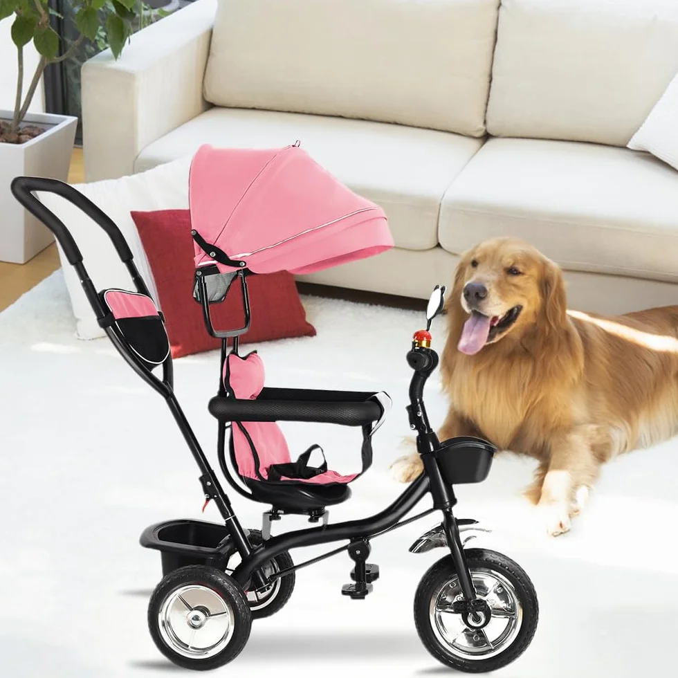 Pusieta Triciclo con pedales 4 en 1, Triciclo evolutivo para bebé, Trike Bebé, Bicicleta con asiento para niños evolutiva, Bicicleta para niños de 5 años, Desde 9 meses, Compacto, (b) 4 en 1 (Rosa)