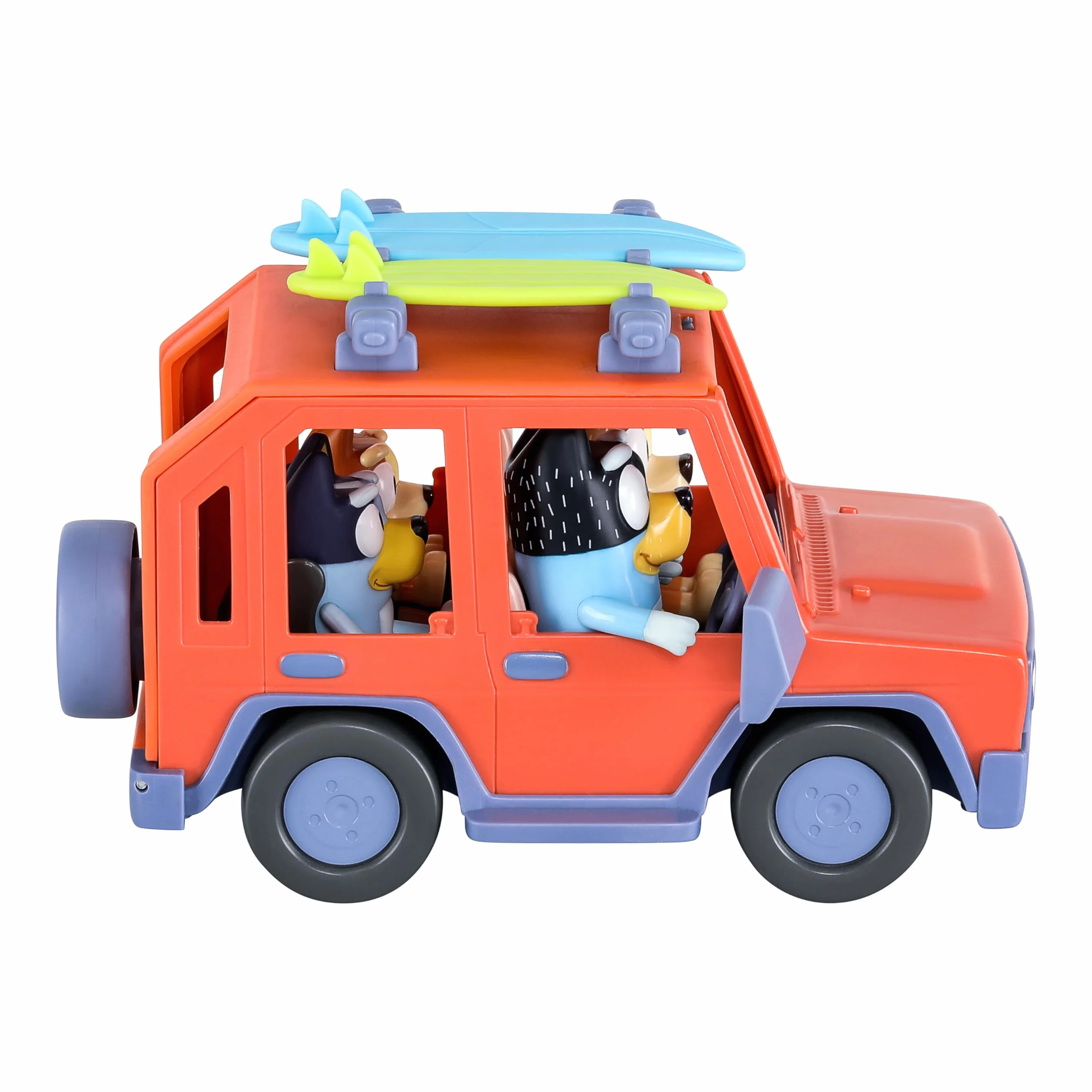 Bluey Pack del Todoterreno Familiar de los Heeler y 4 Figuras, Figuras de 6,3 cm, 2 Tablas de Surf y Pegatinas