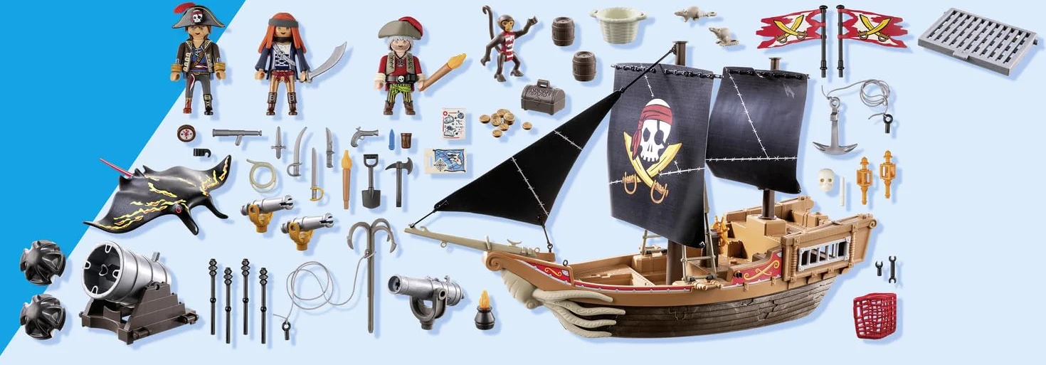 PLAYMOBIL Pirates 71530 Gran Barco Pirata, emocionante Batalla Naval y búsqueda Secreta de Tesoros en Alta mar, Incluyendo cañones, proyectiles y Ancla, Juguetes para niños a Partir de 4 años
