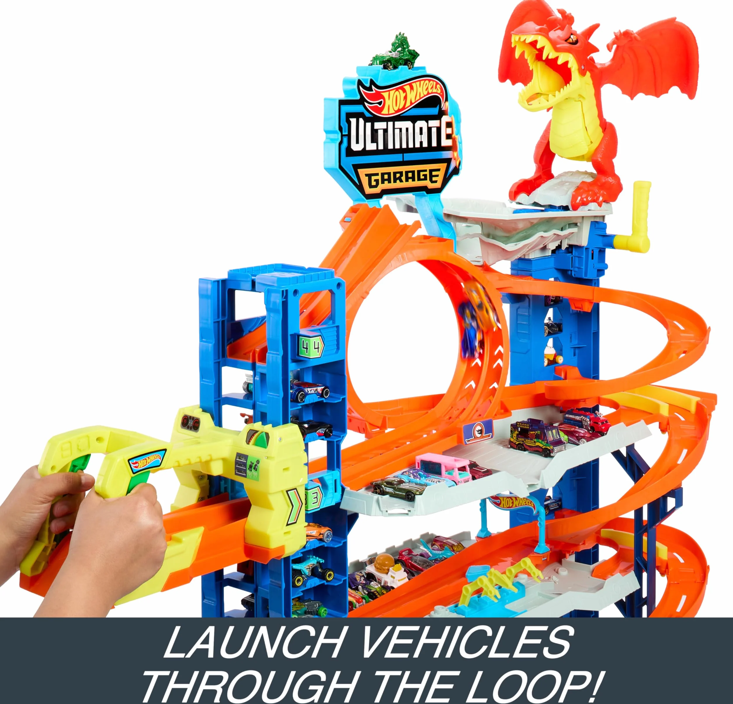 Mattel Hot Wheels City Garaje Definitivo Pista para Coches de Juguete con Dragón y 4 Niveles, Incluye 2 Vehículos, +4 años
