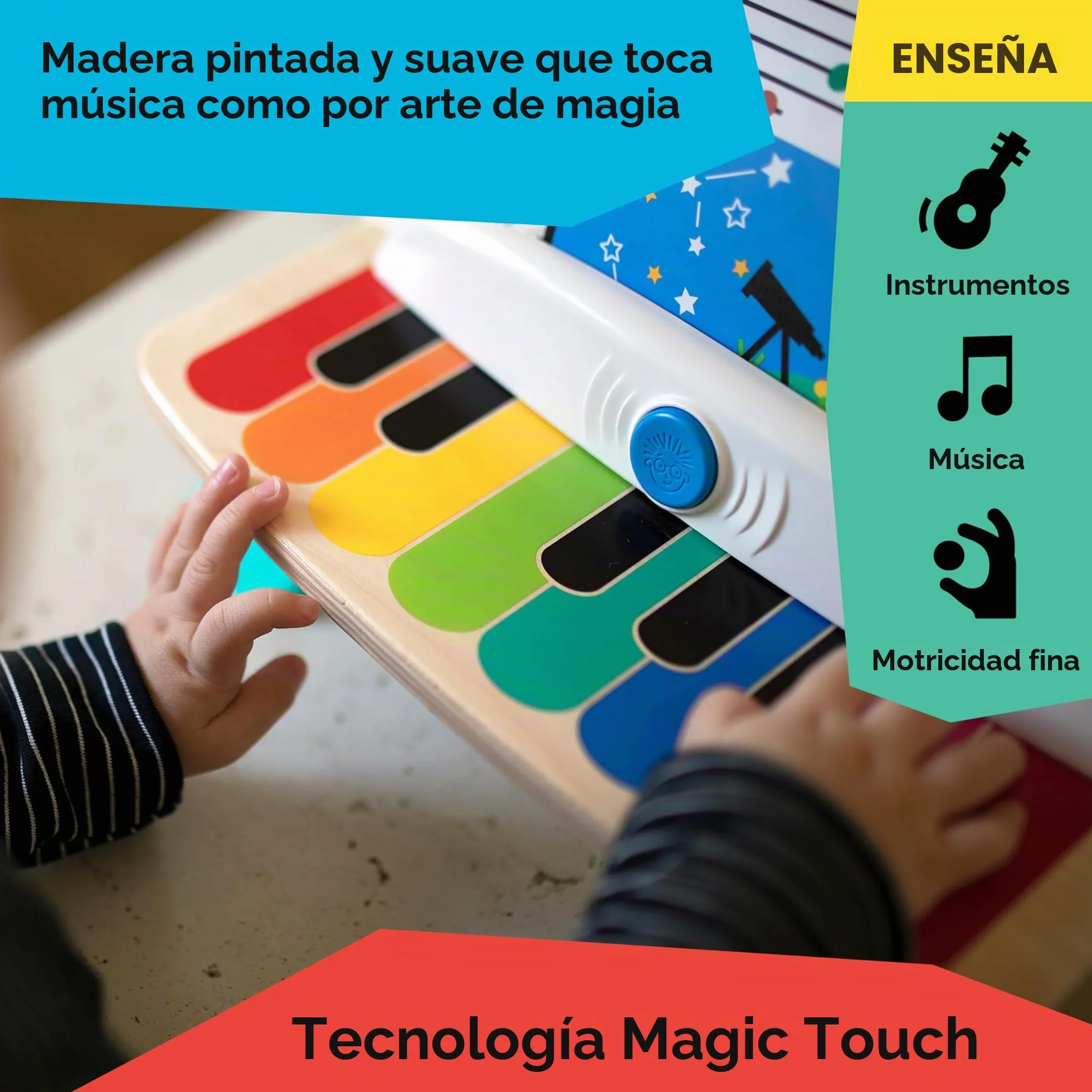 Baby Einstein, Hape, Piano Magic Touch, Juguete Musical de Madera, Incluye 3 partituras y 6 Canciones, Volumen Ajustable, a Partir de 6 Meses, Be Piano, 1 Unidad (Paquete de 1)