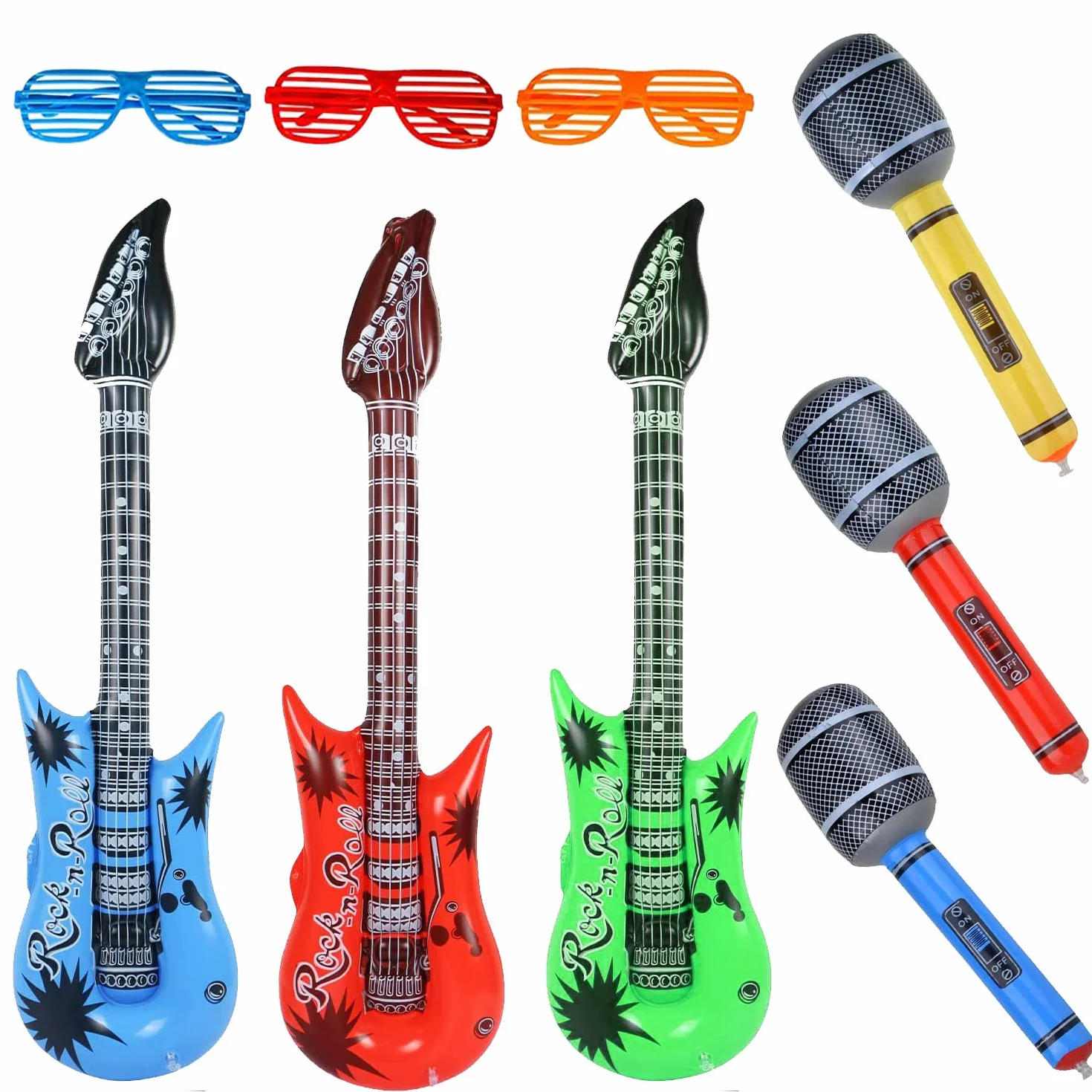 9 Piezas Juguete de Instrumentos Inflable de Gran tamaño,Incluye: 2 x Guitarra Inflable (93 cm), 3 x micrófono Inflable (25 cm), 3 x Gafas.